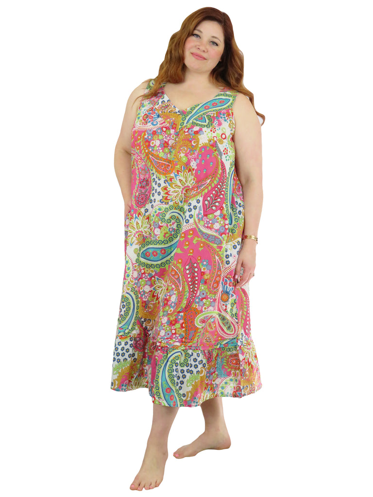 Model wearing bright paisley nightgown
