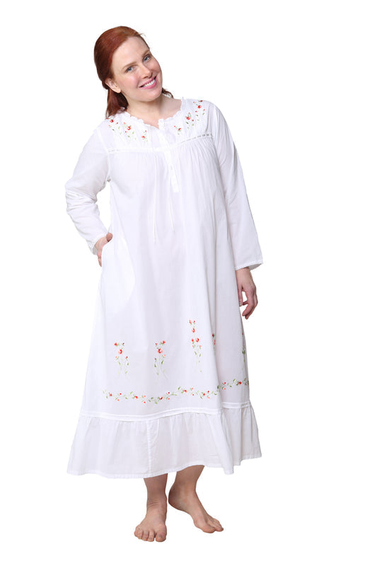 100% Cotton Embroidered Long Sleeve Gown - La Cera