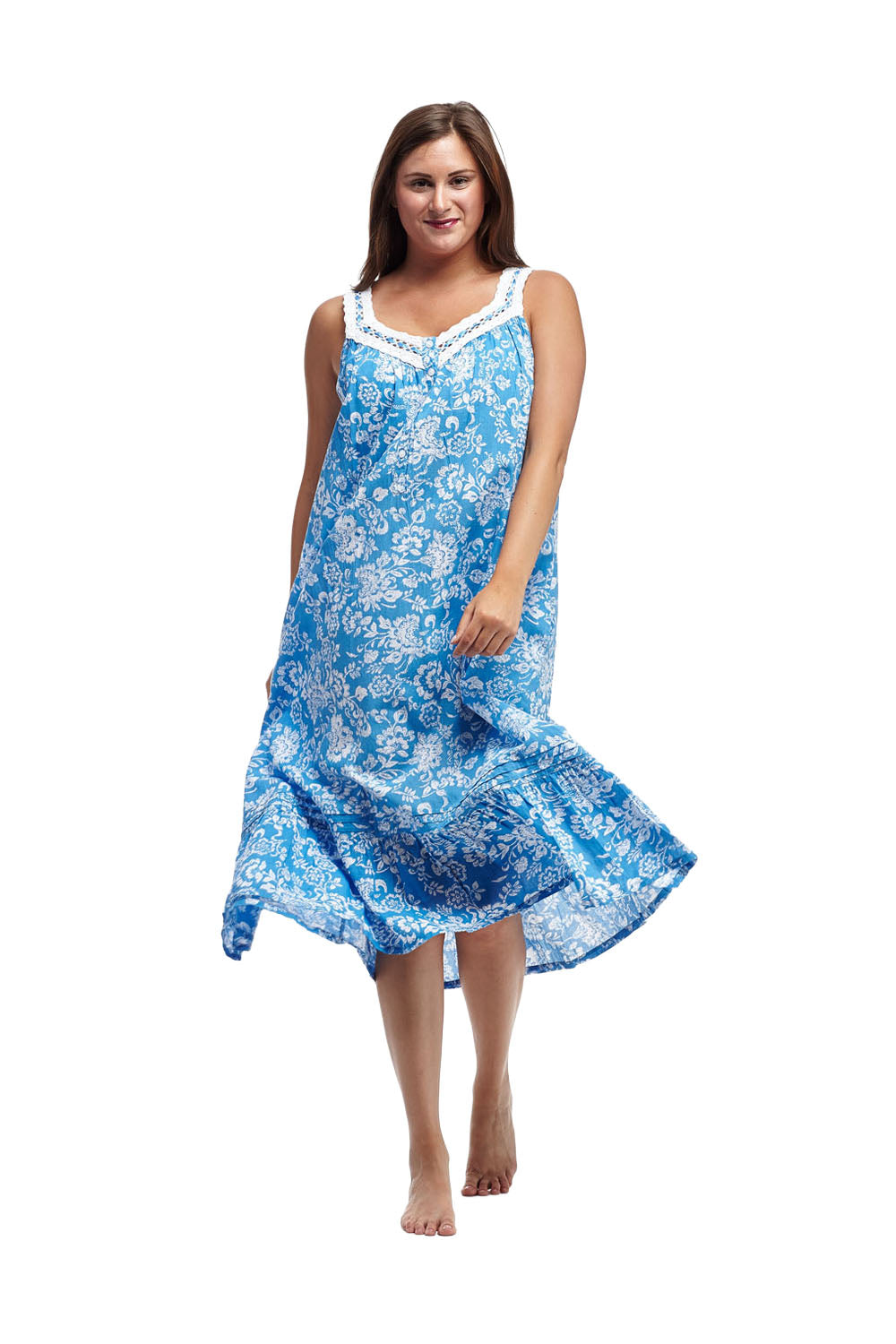 Plus size 100% Cotton Lace Trim Flounce Gown Blue Toile Print - La Cera