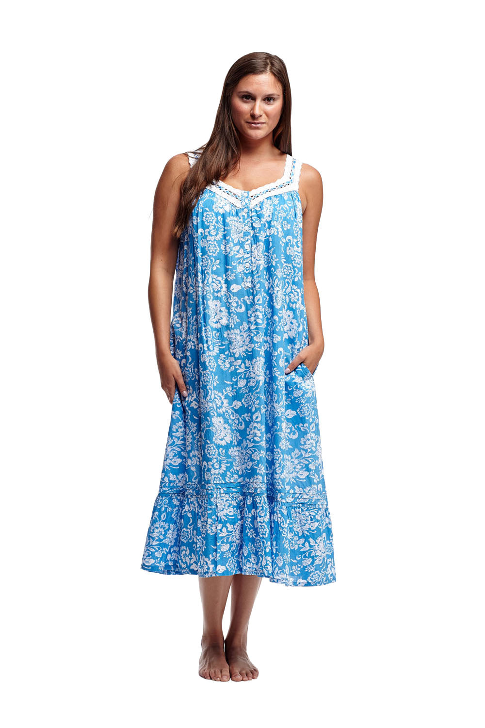100% Cotton Lace Trim Flounce Gown Blue Toile Print - La Cera