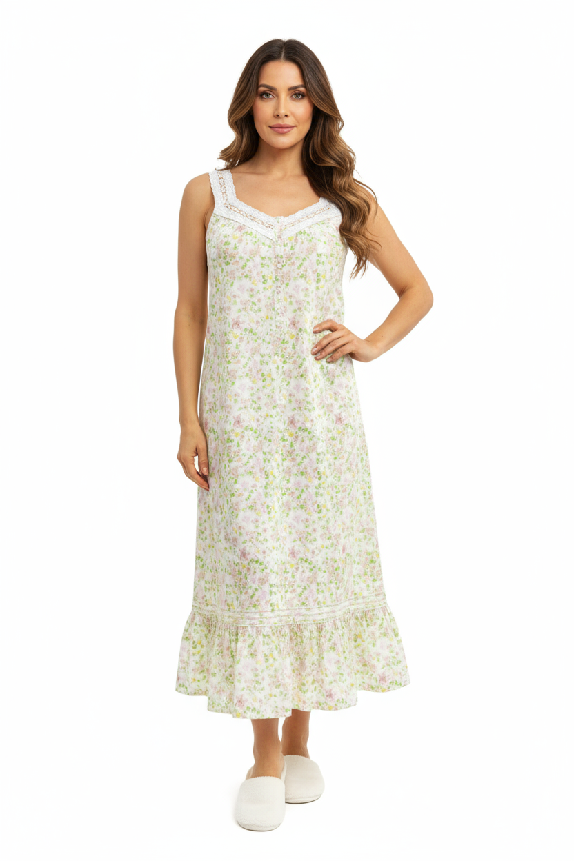 100% Cotton Lace Trim Flounce Gown White Lime Floral Print - La Cera