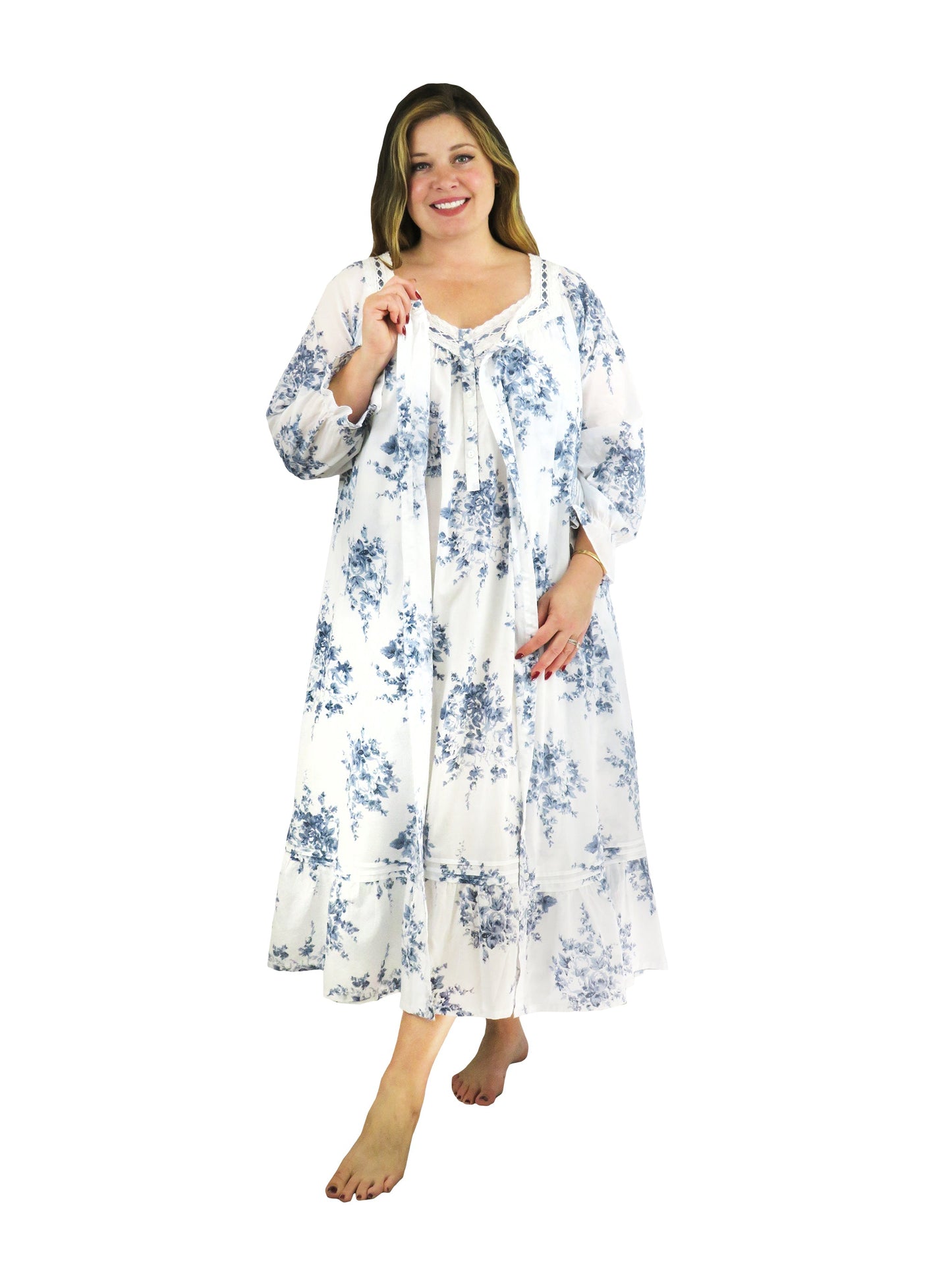 100% Cotton Lace Trim Flounce Robe Gown- Blue and White Floral Print - La Cera