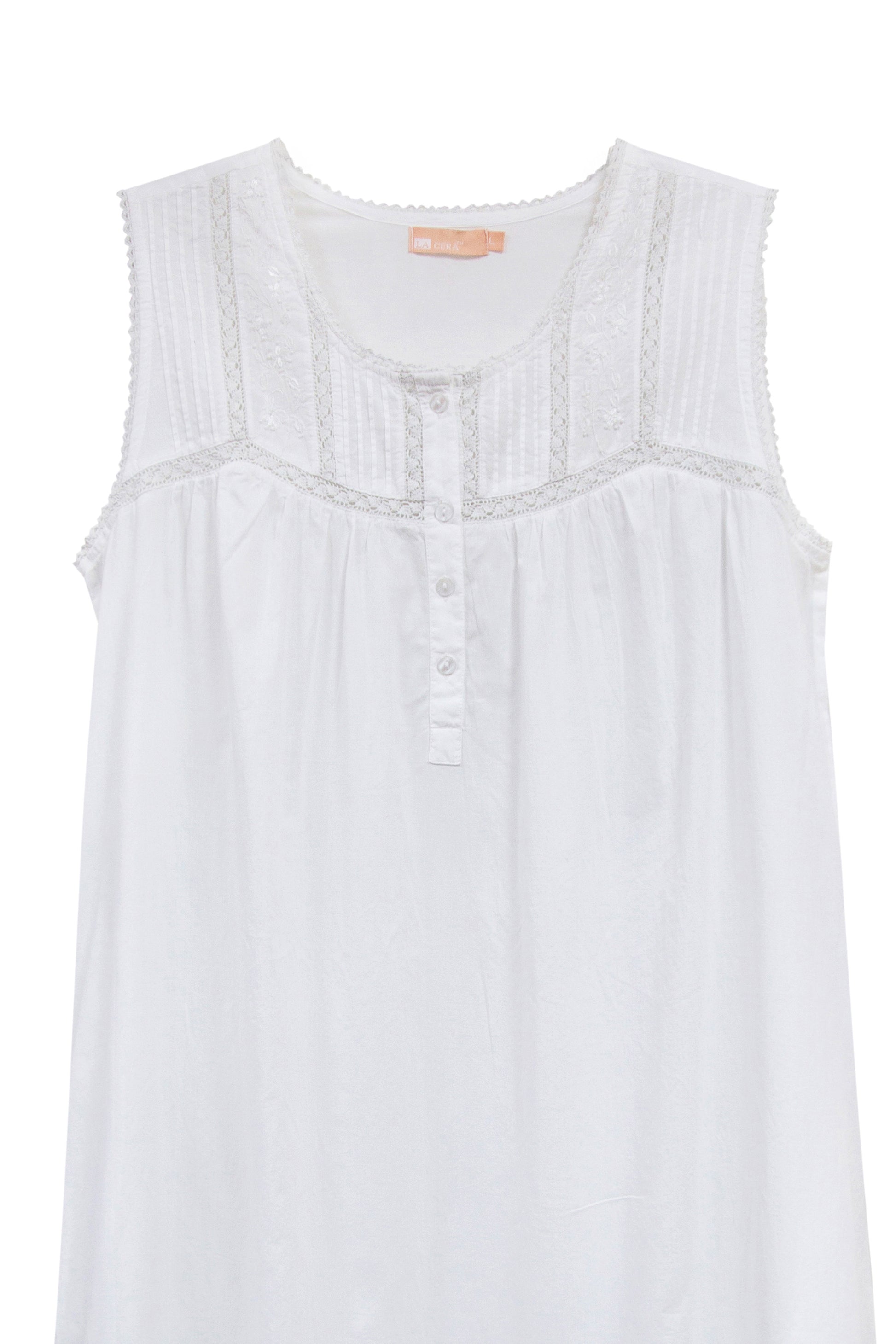 100% Cotton Embroidered Scoop Neck Gown - La Cera