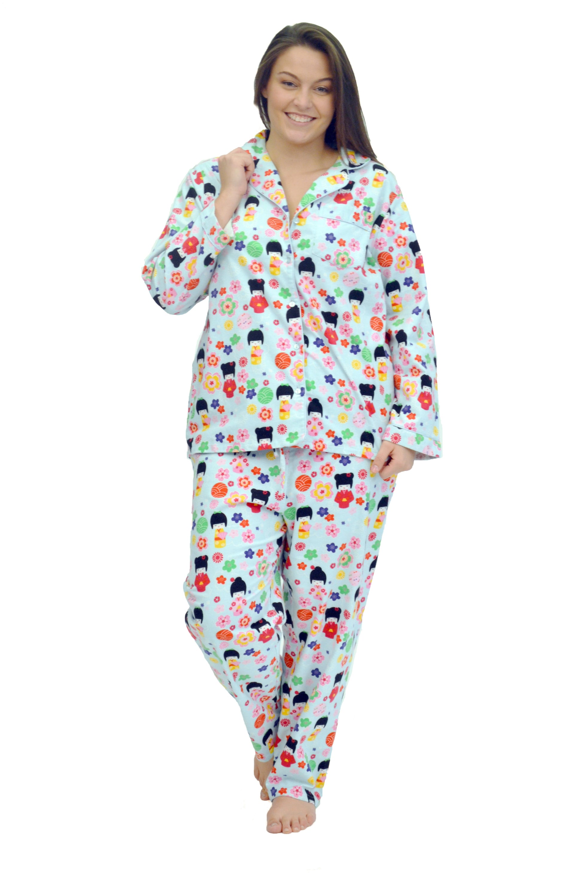 La Cera Long Sleeve Printed Flannel Pajama Set - La Cera