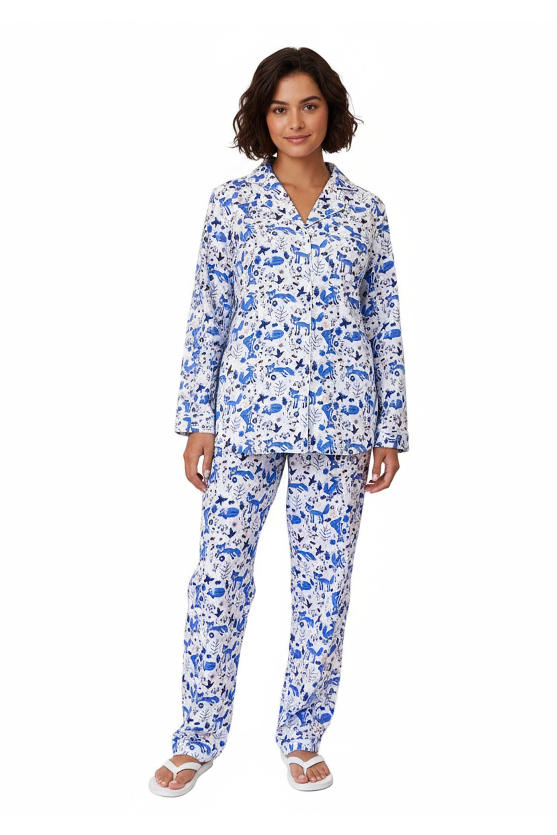 La Cera Long Sleeve Printed Flannel Pajama Set - La Cera