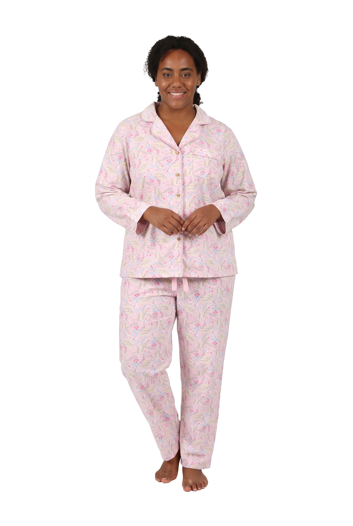 Plus Size Wispy Floral Long Flannel Pajama Set - La Cera