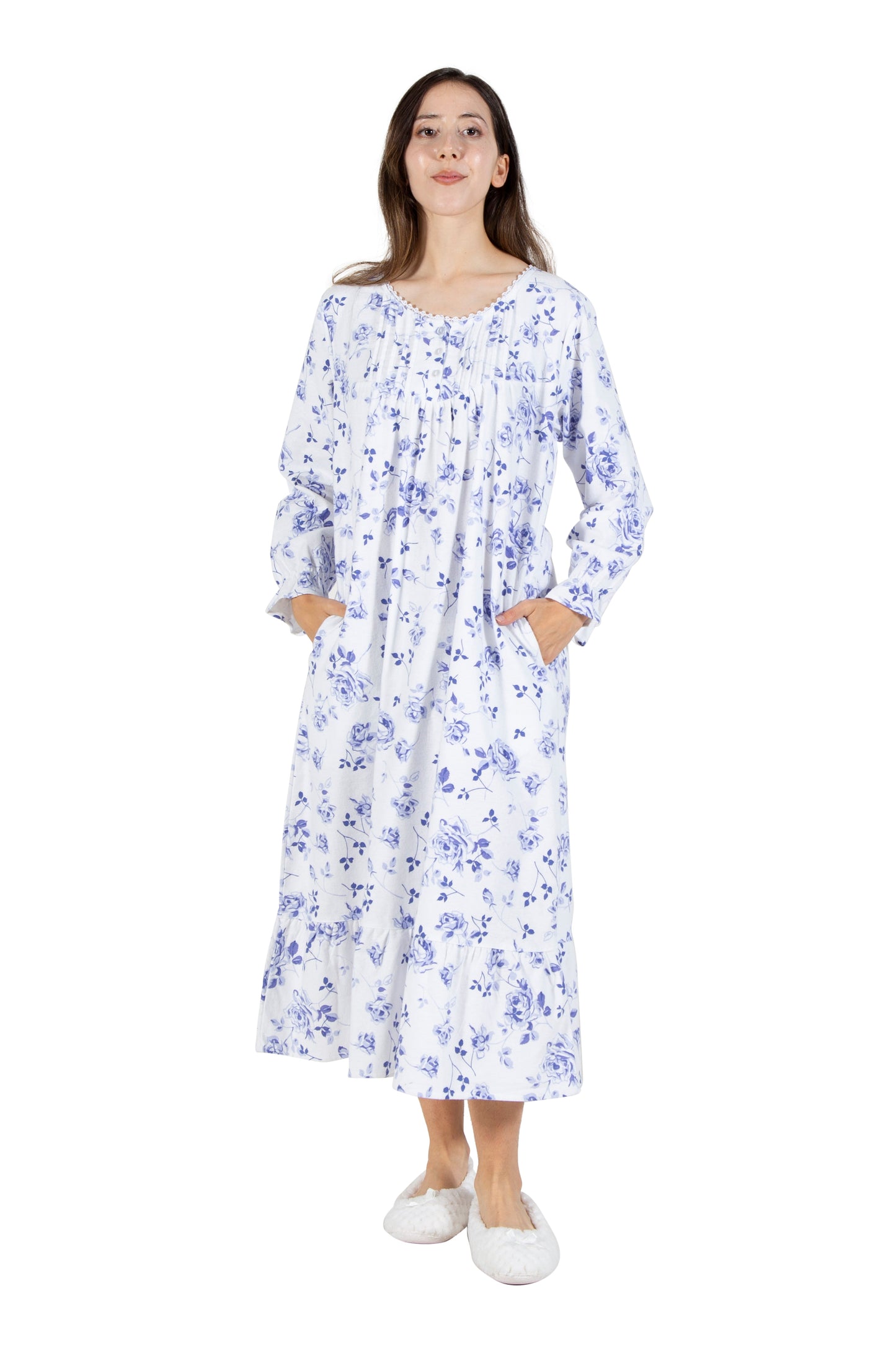 Lace Trimmed Cotton Flannel Wispy Floral Night Gown - La Cera