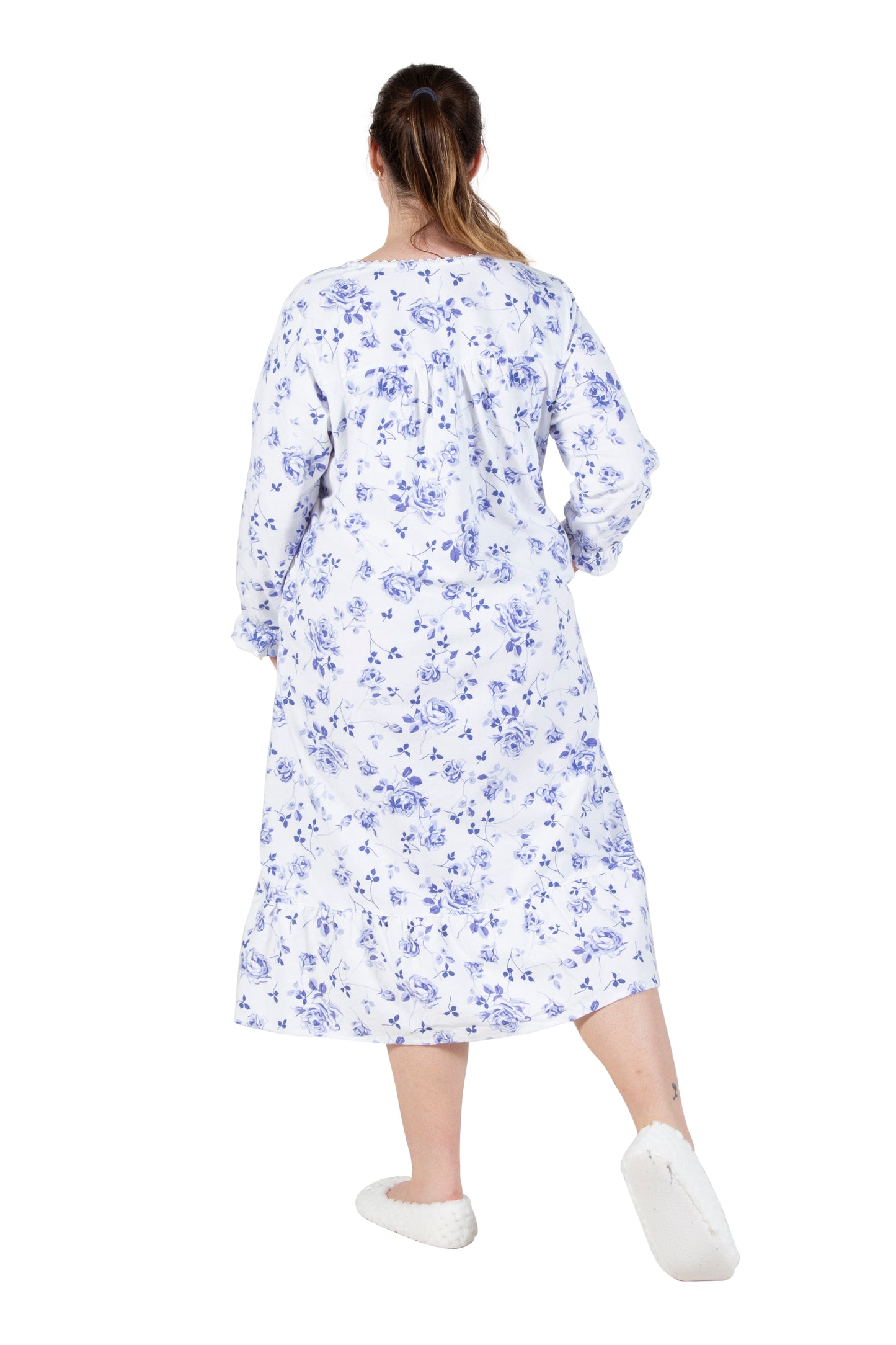 La Cera Plus Size Porcelain Blue Floral Flannel Gown
