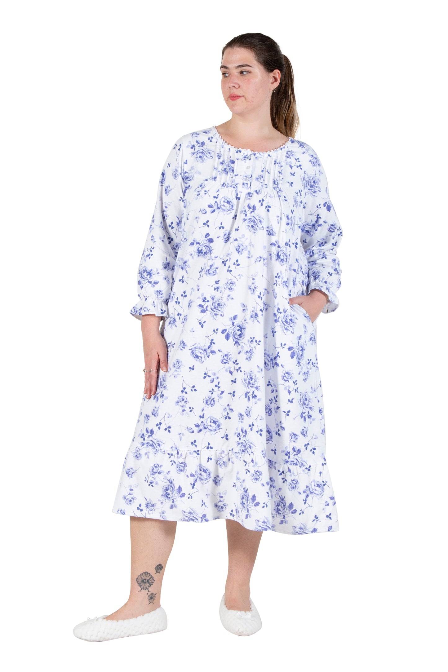 Lace Trimmed Cotton Flannel Wispy Floral Night Gown - La Cera