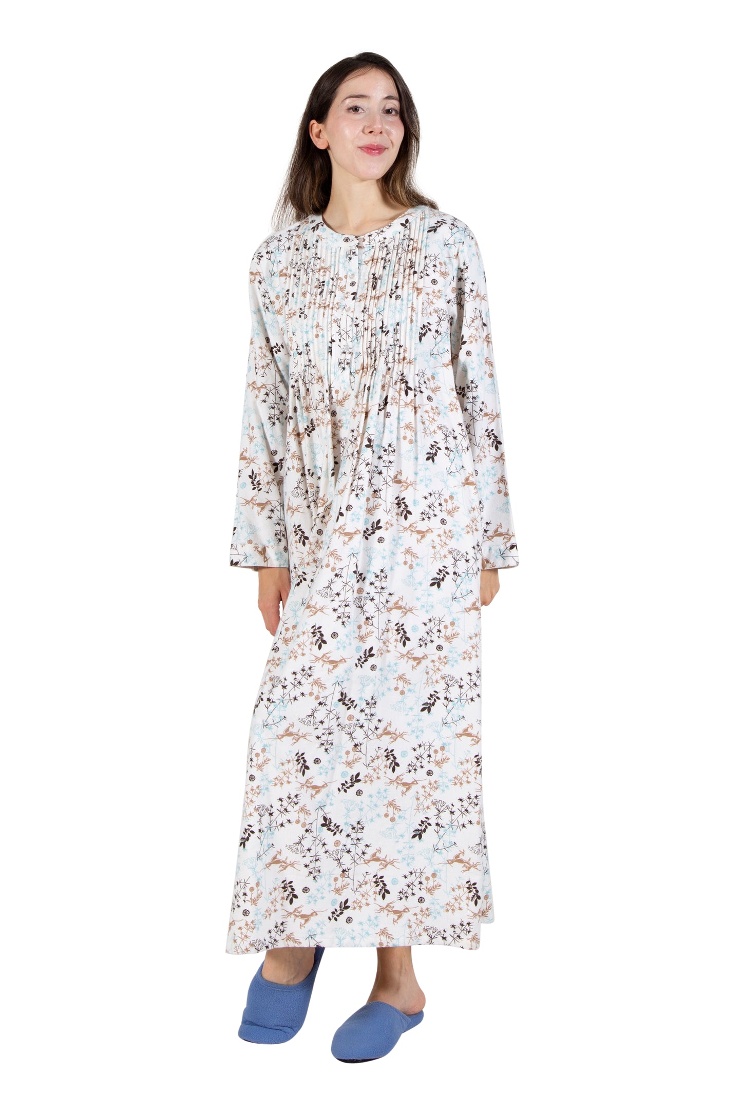 Printed Flannel Nightgown With Release Pleats - La Cera