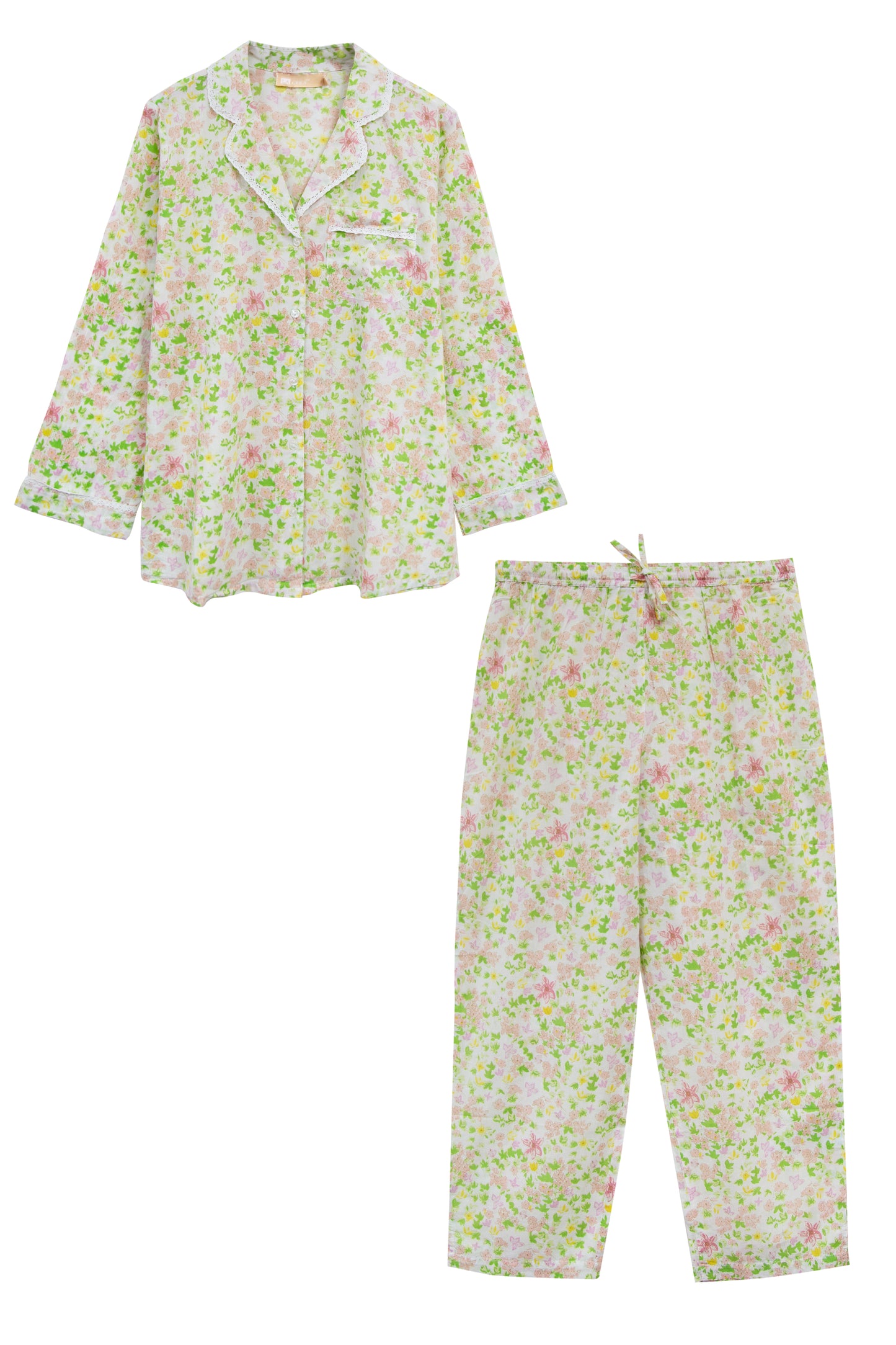 La Cera Long Sleeve White Lime Floral Pajama Set