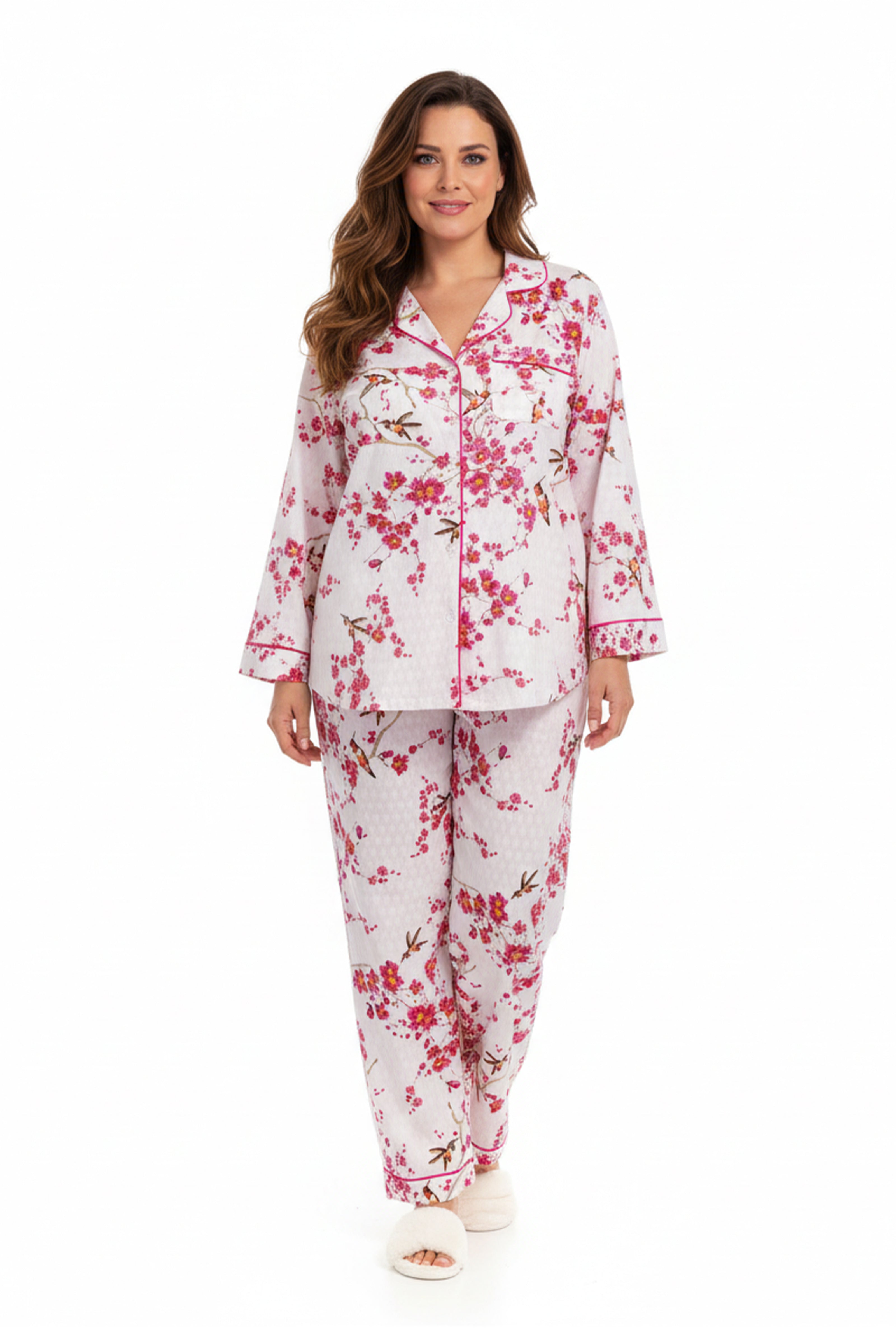 La Cera Cherry Blossom Cotton Pajama Set  - Plus Size - La Cera
