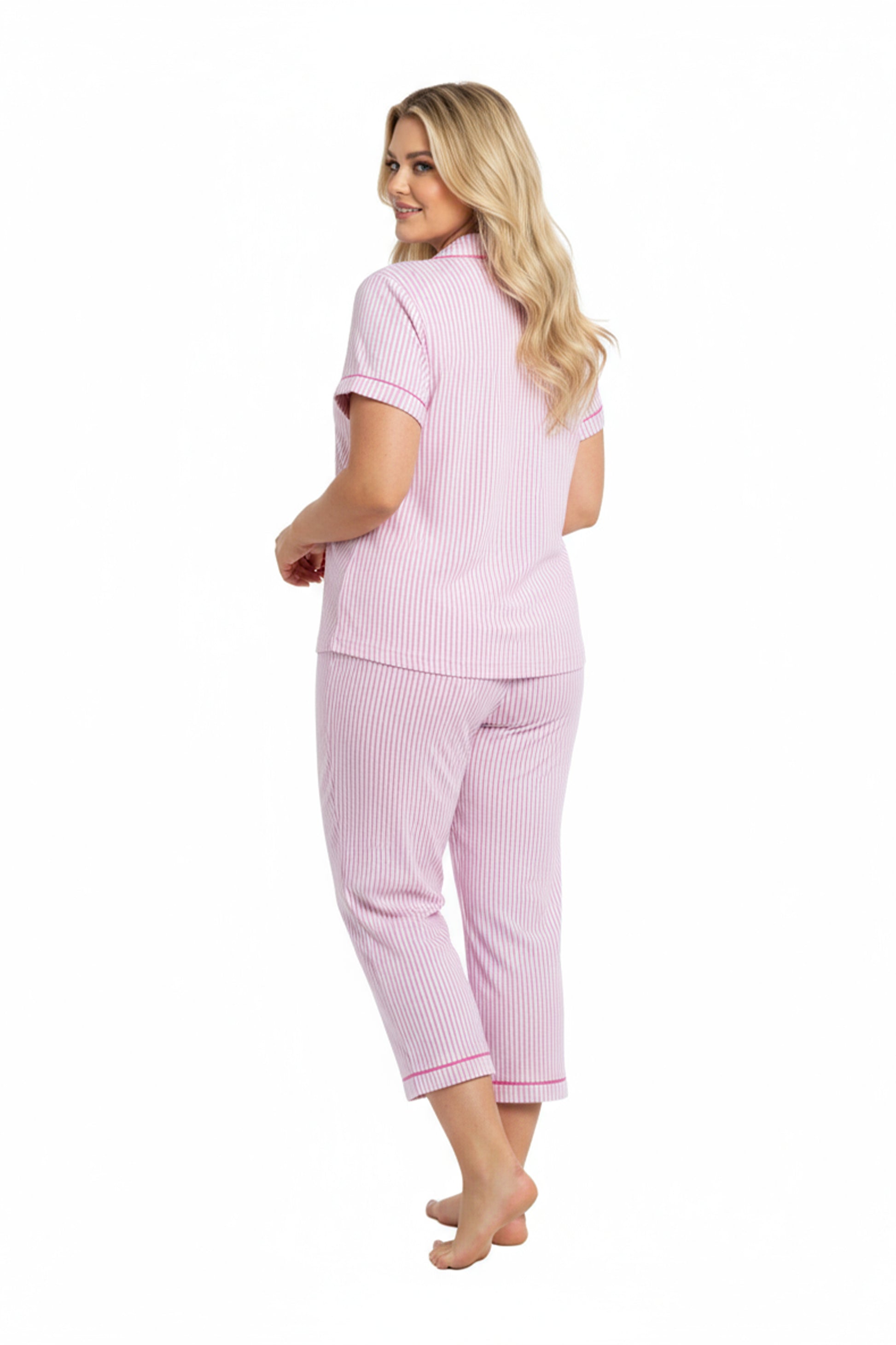 La Cera Plus Size Pin Stripe Cotton Knit Capri PJ - La Cera