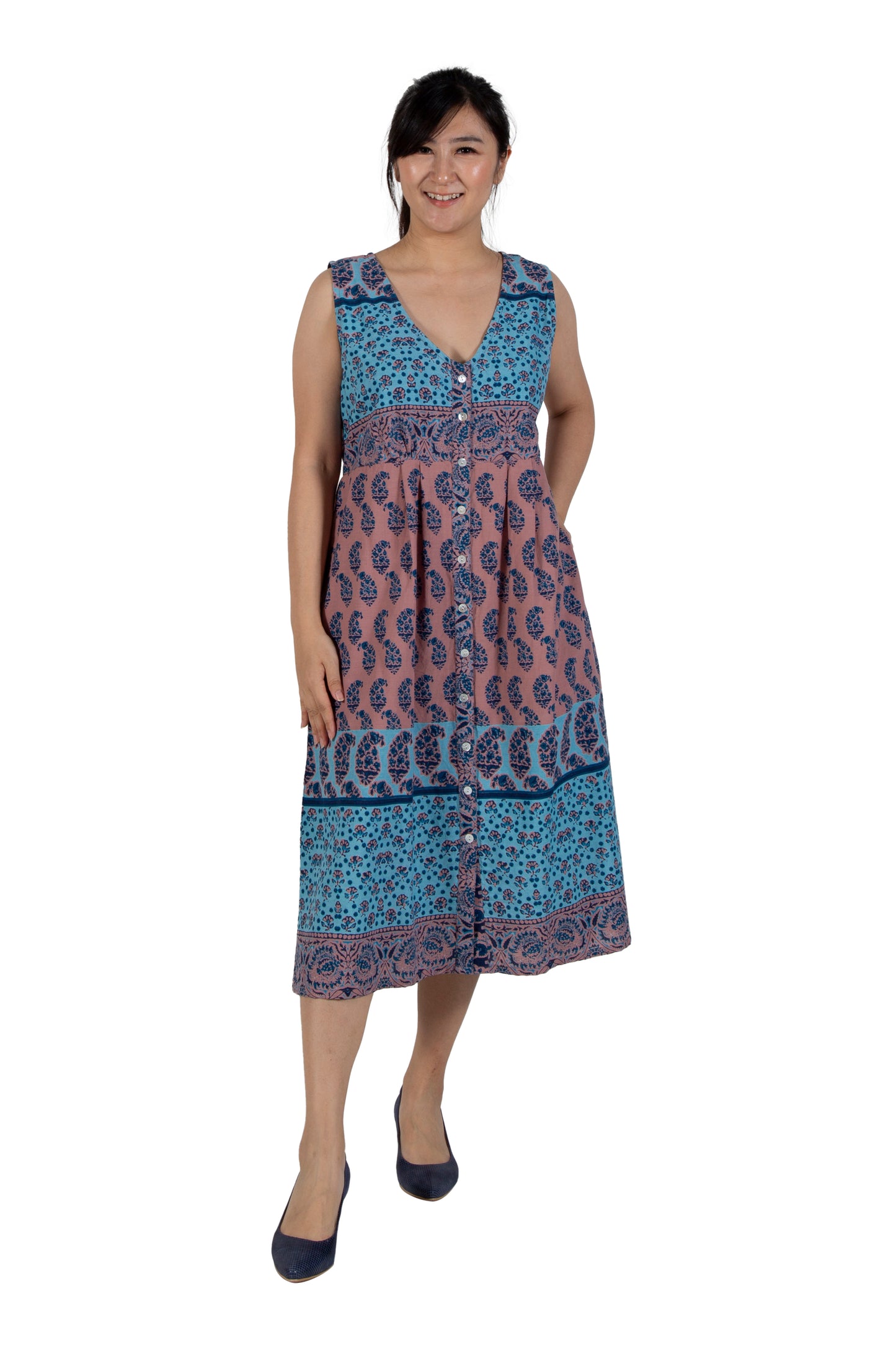 La Cera 100% Cotton Sleeveless Buttonfront Dress