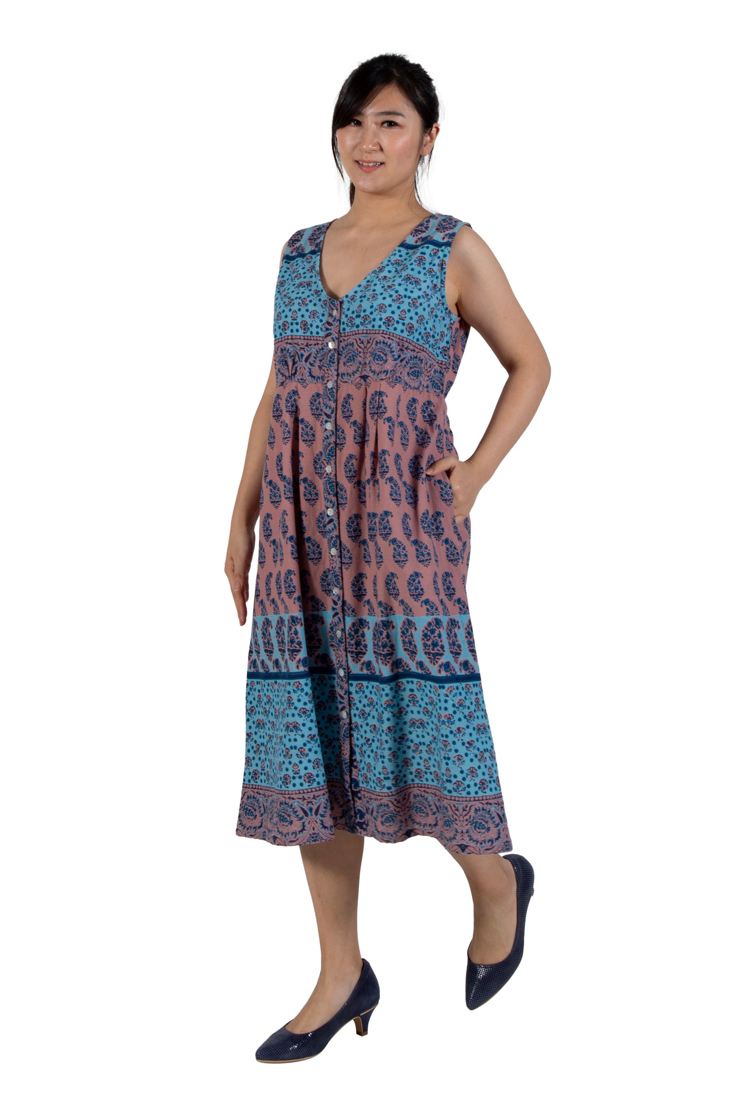 La Cera 100% Cotton Sleeveless Buttonfront Dress