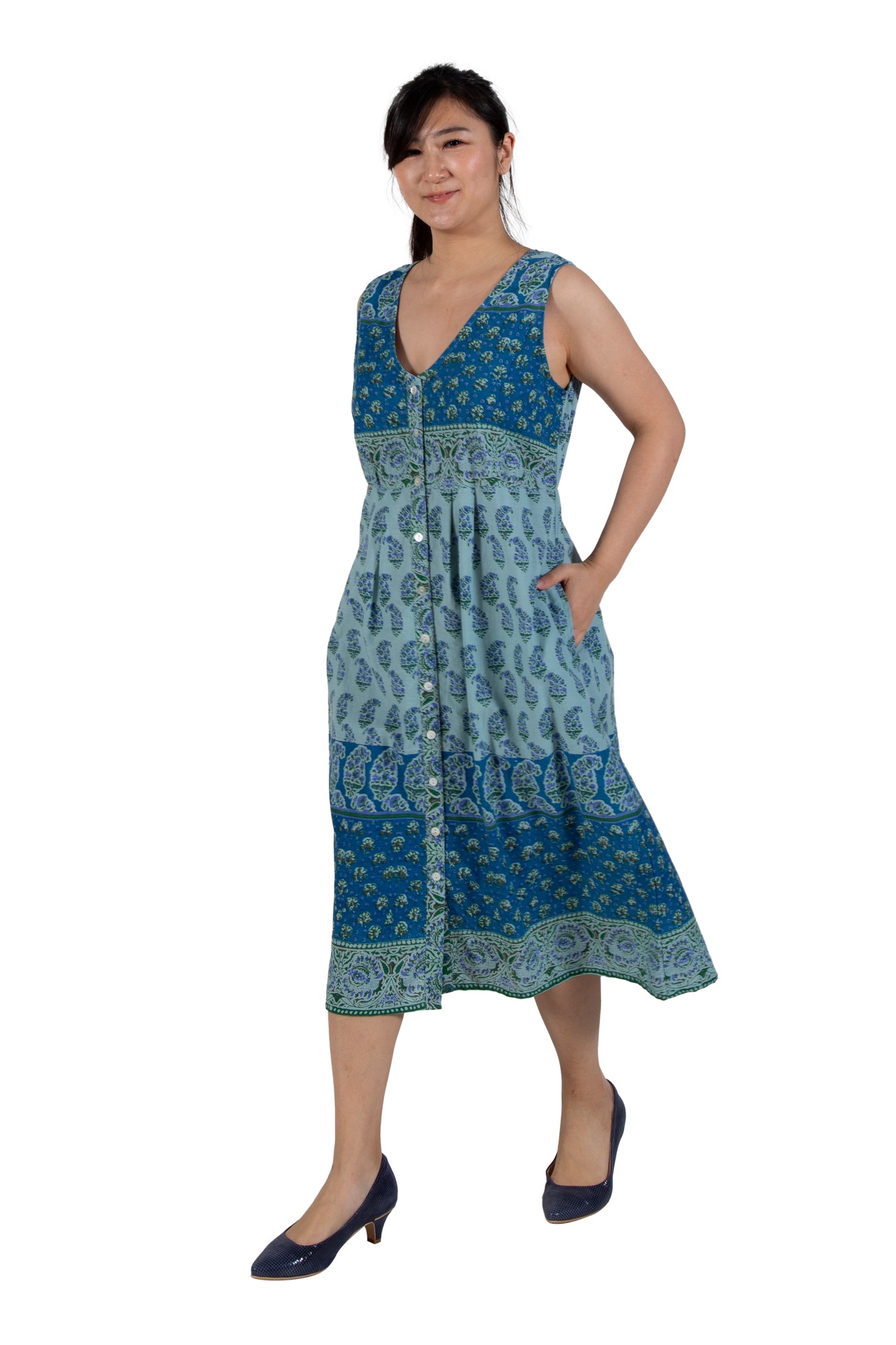 La Cera 100% Cotton Sleeveless Buttonfront Dress