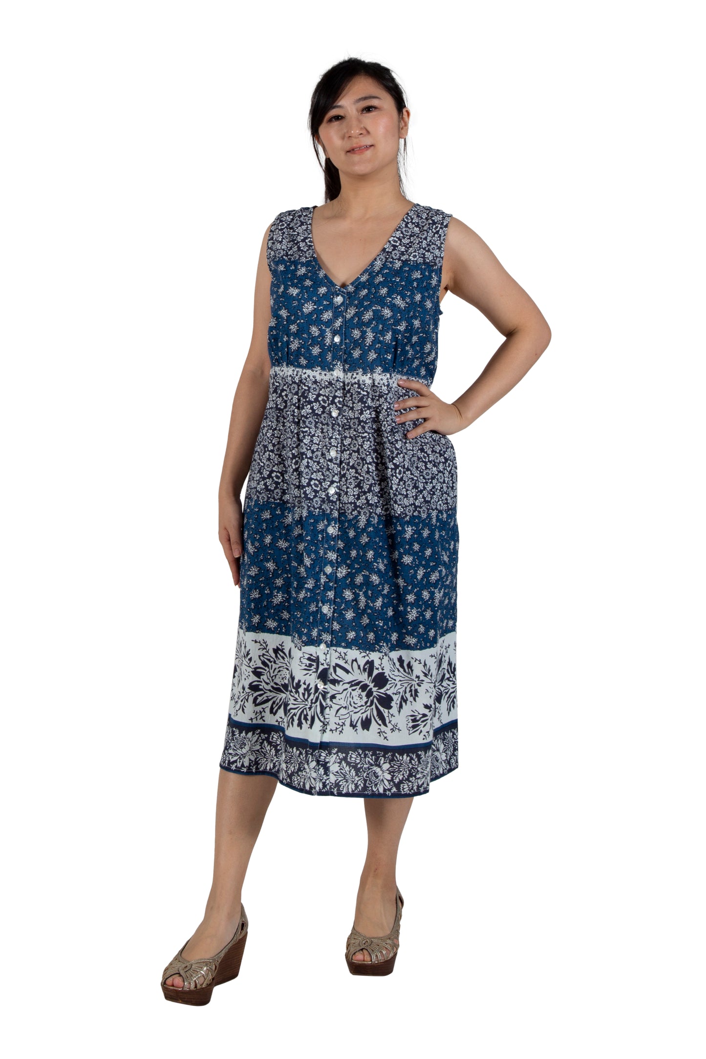 La Cera 100% Cotton Sleeveless Buttonfront Dress