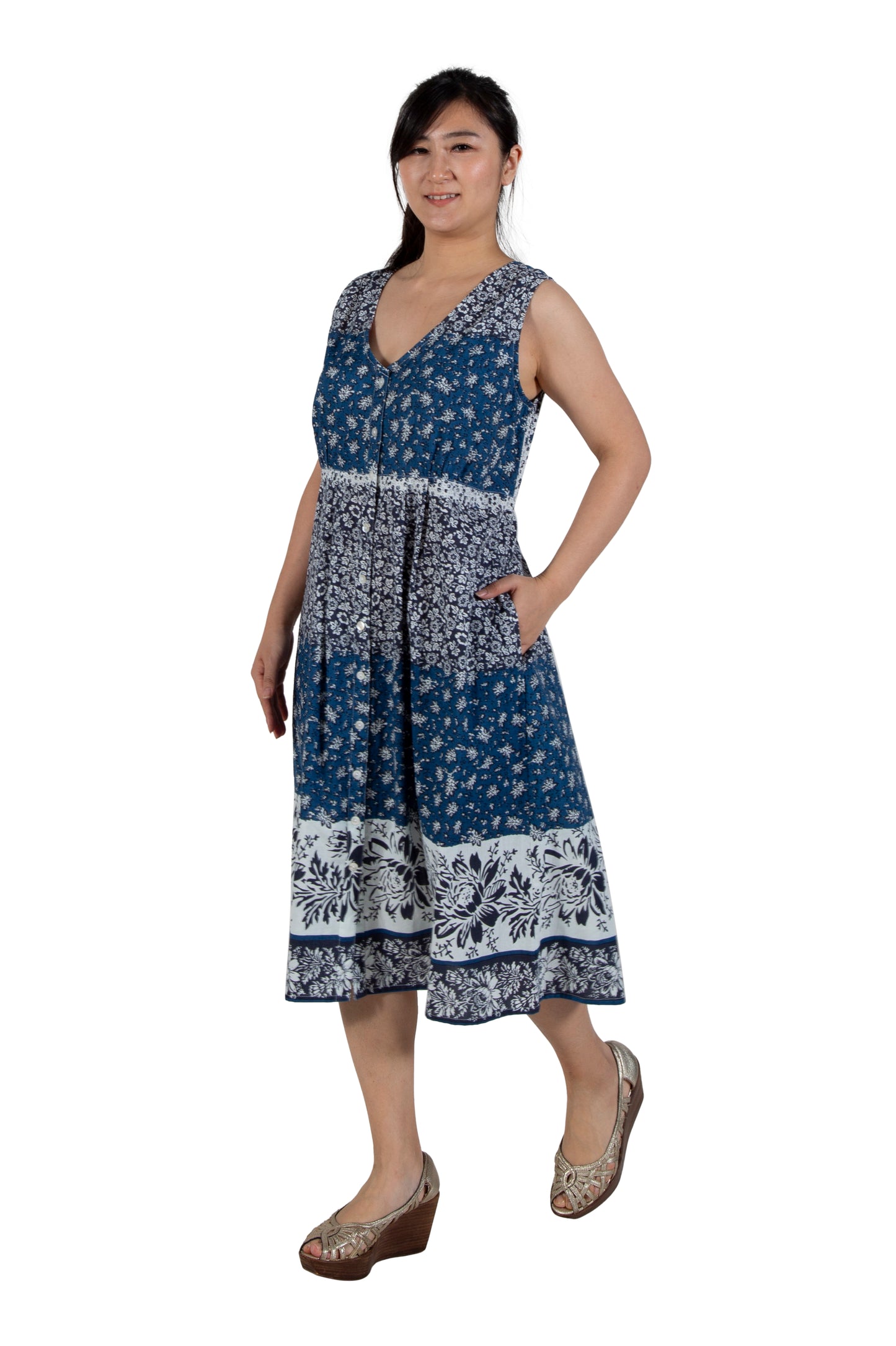 La Cera 100% Cotton Sleeveless Buttonfront Dress