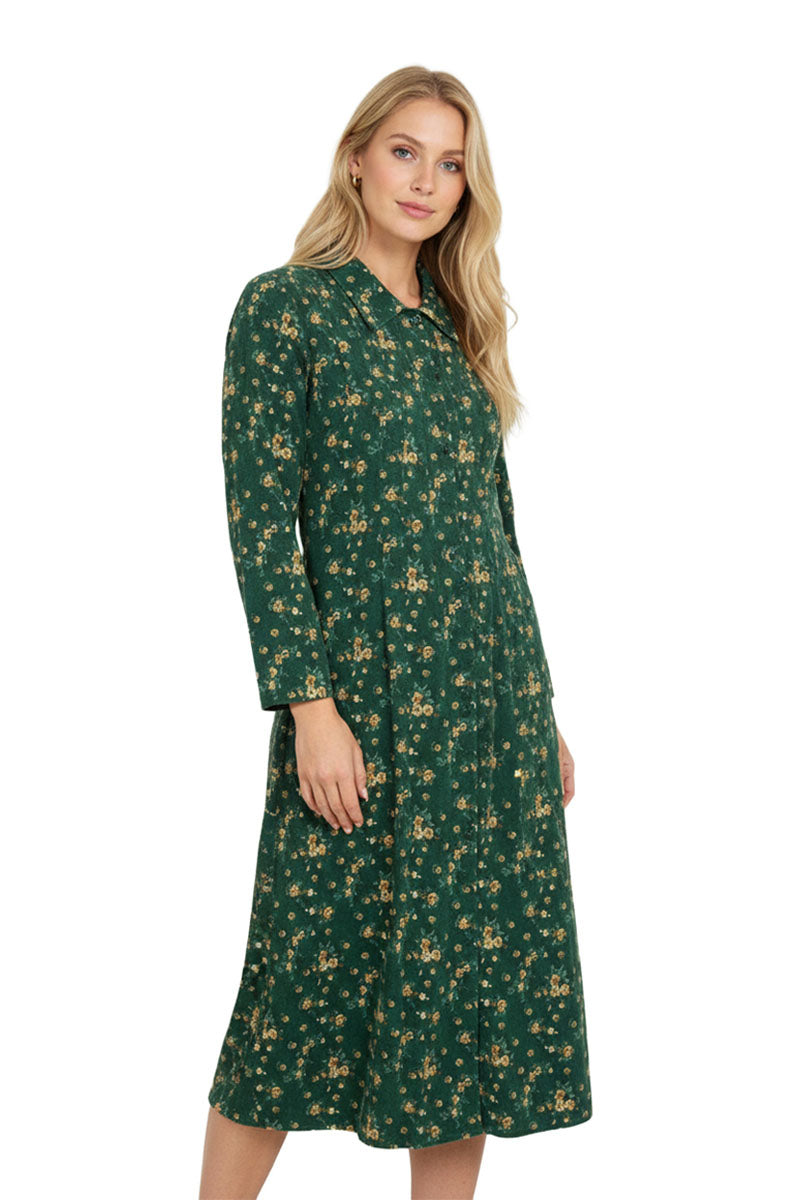 La Cera Long Sleeve Floral Button Tuck Front Dress - La Cera