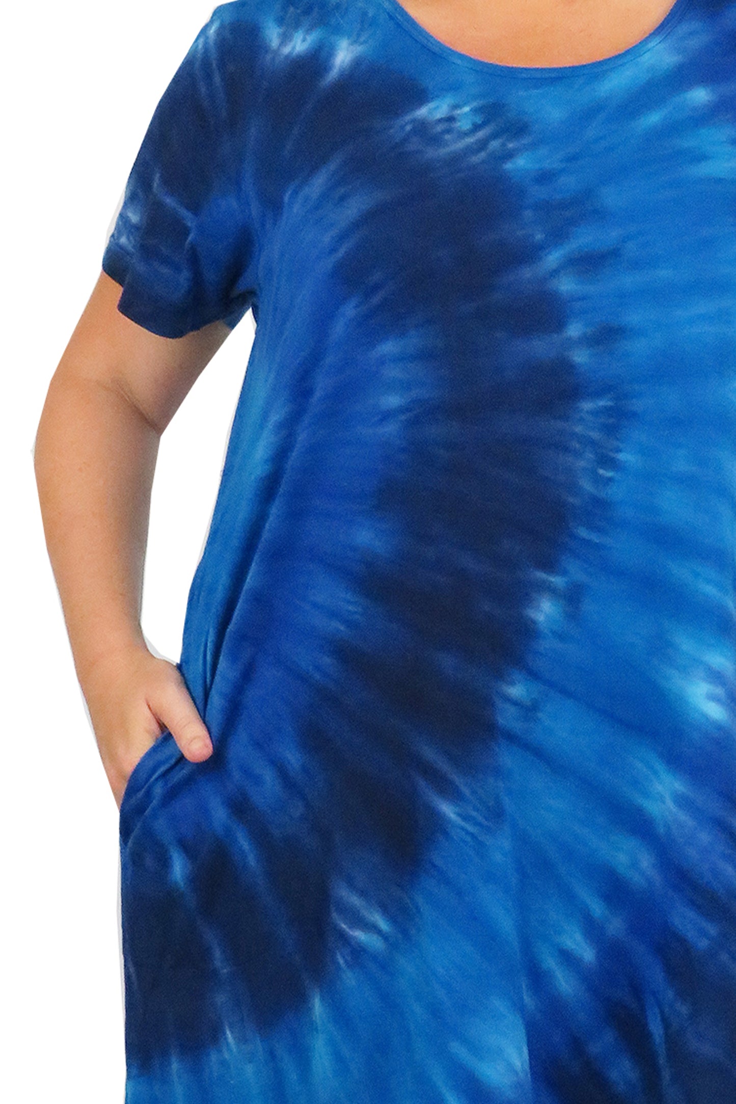 La Cera Cotton Knit Short Sleeve Denim Blue Tie-Dye Dress - Plus Size - La Cera