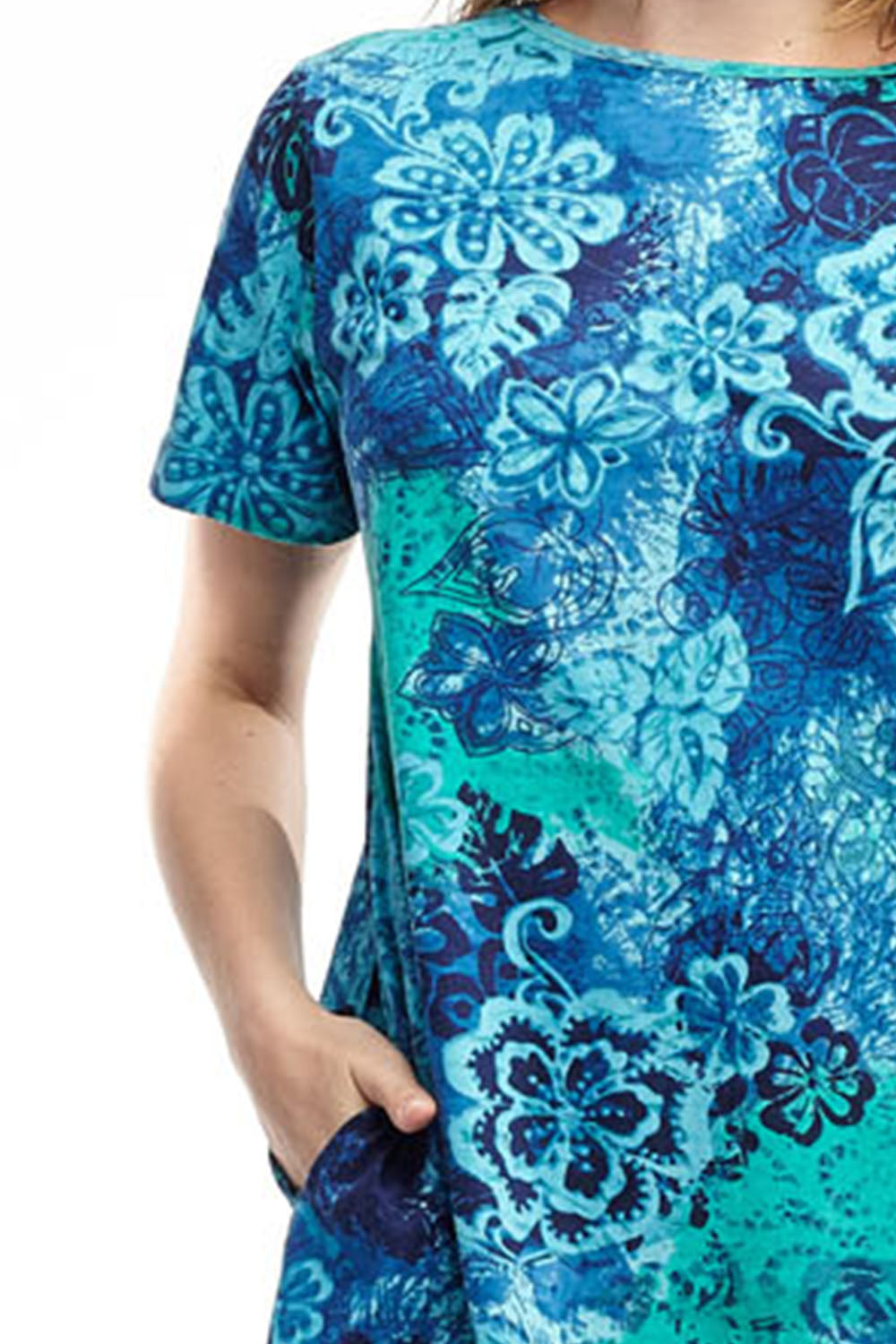 La Cera Blue Floral Print A-Line Dress - La Cera