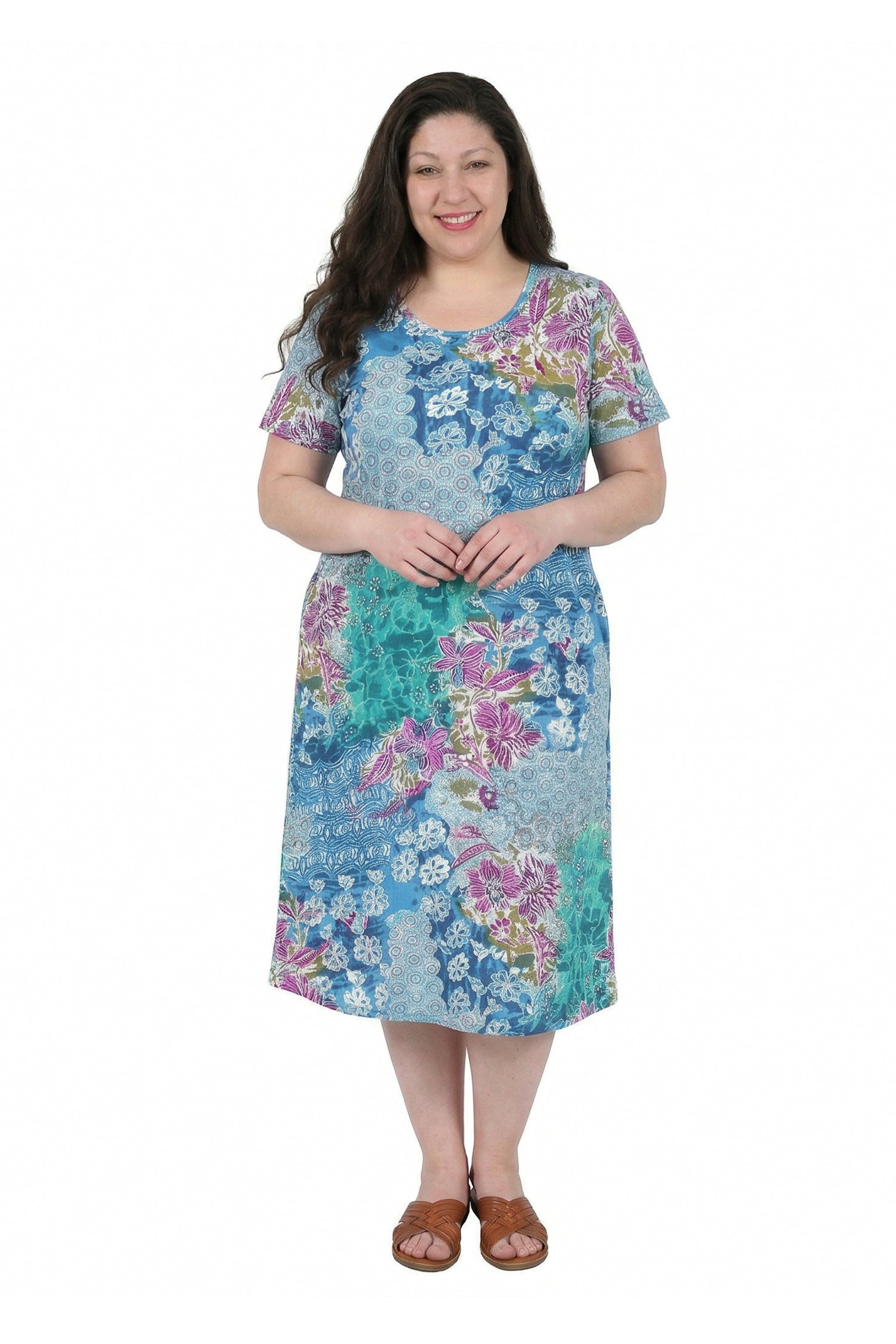 Plus Size La Cera Cotton Floral Jersey Knit A-Line Dress - La Cera