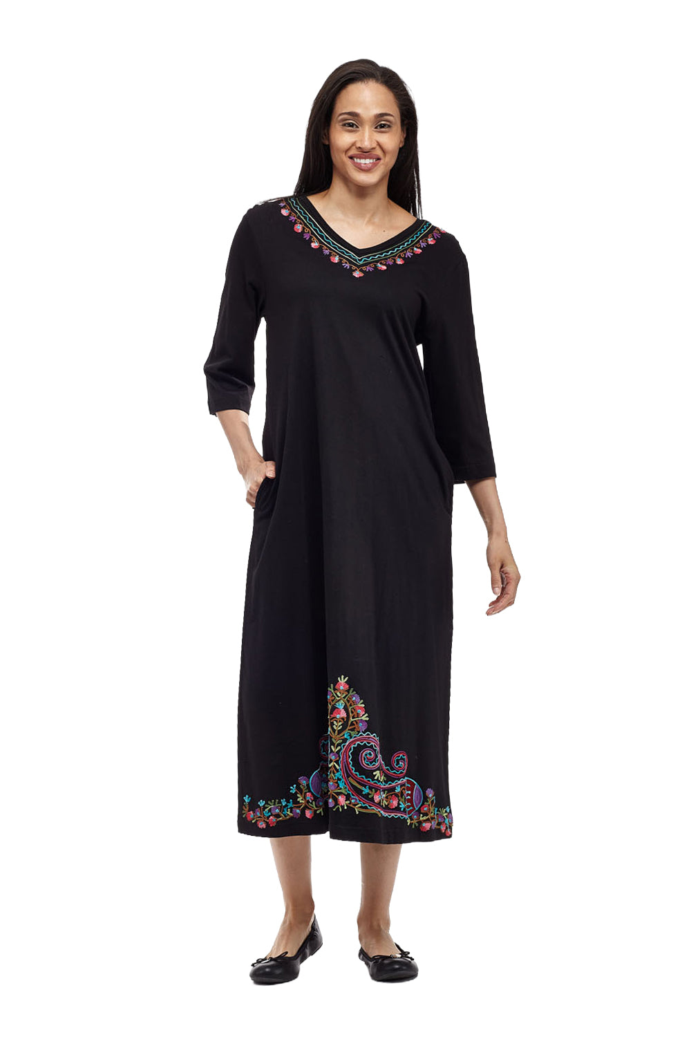 La Cera V-Neck 3/4 Sleeve Embroidered Dress