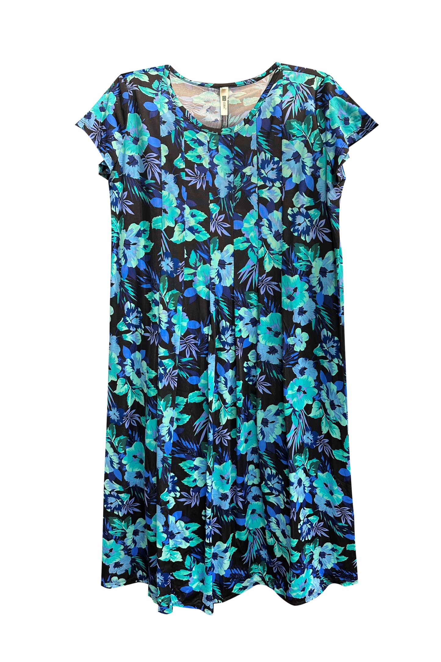 La Cera Tropical Blue Hibiscus Pleat Front Dress