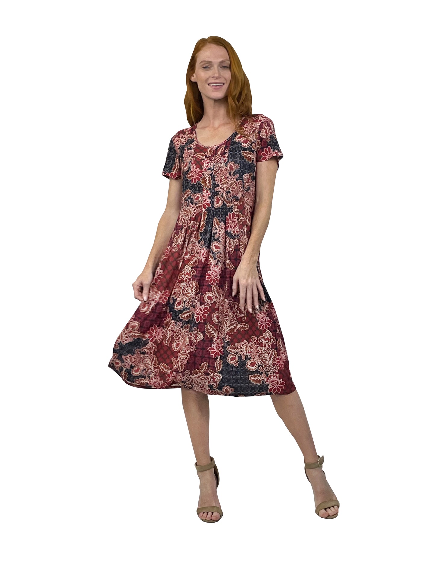 La Cera Mosaic Floral Print Pleat Front Dress