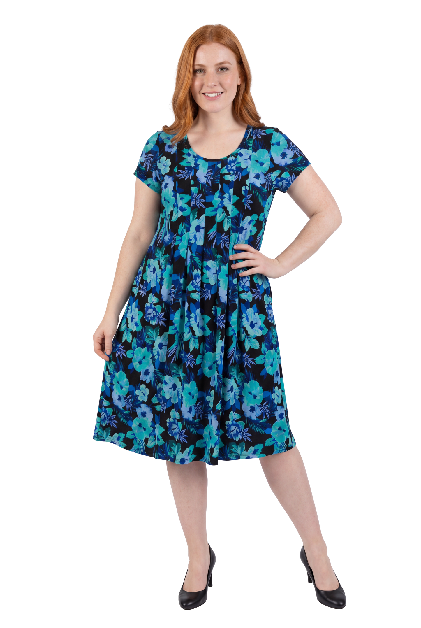 La Cera Tropical Blue Hibiscus Pleat Front Dress