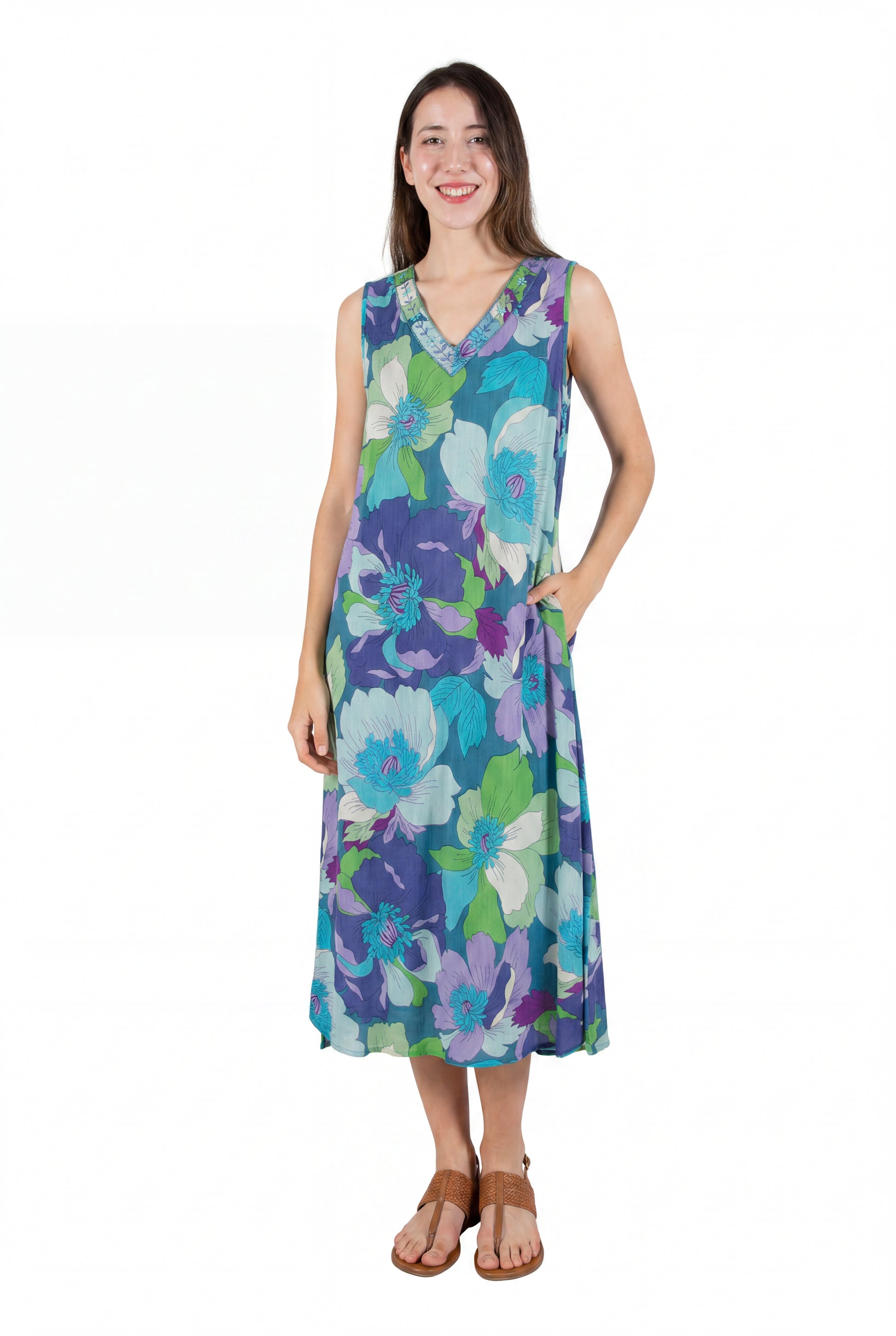 La Cera Sleeveless V-Neck Retro Floral Dress - La Cera