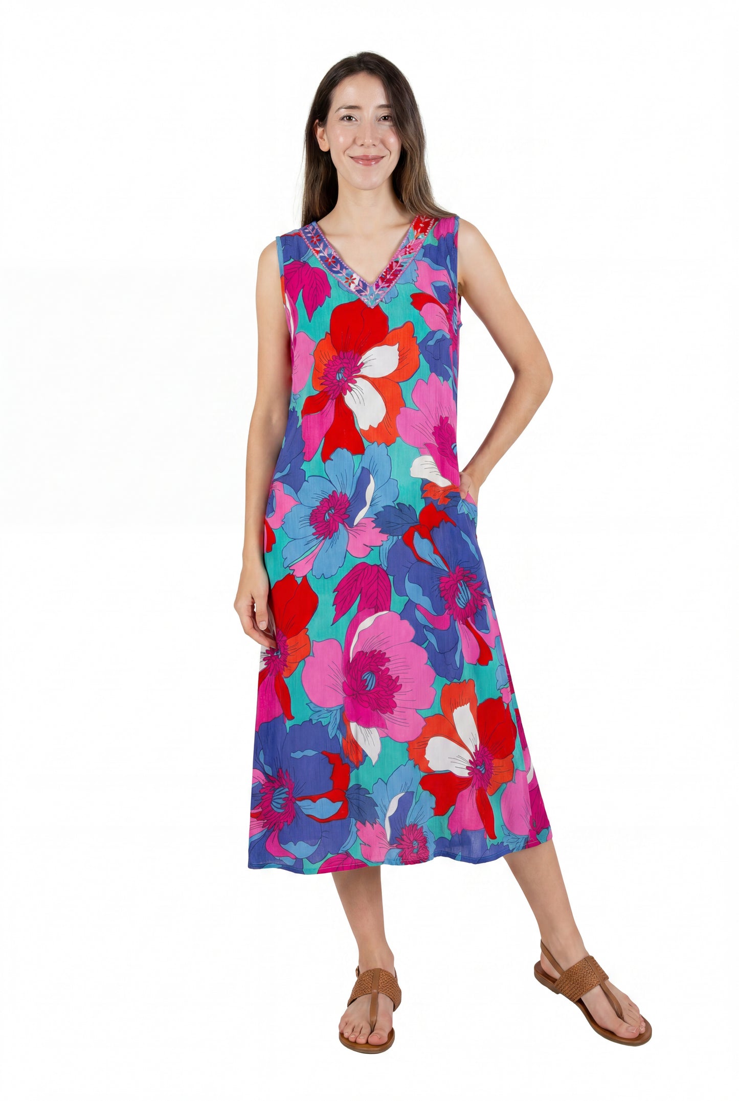 La Cera Sleeveless V-Neck Retro Floral Dress - La Cera