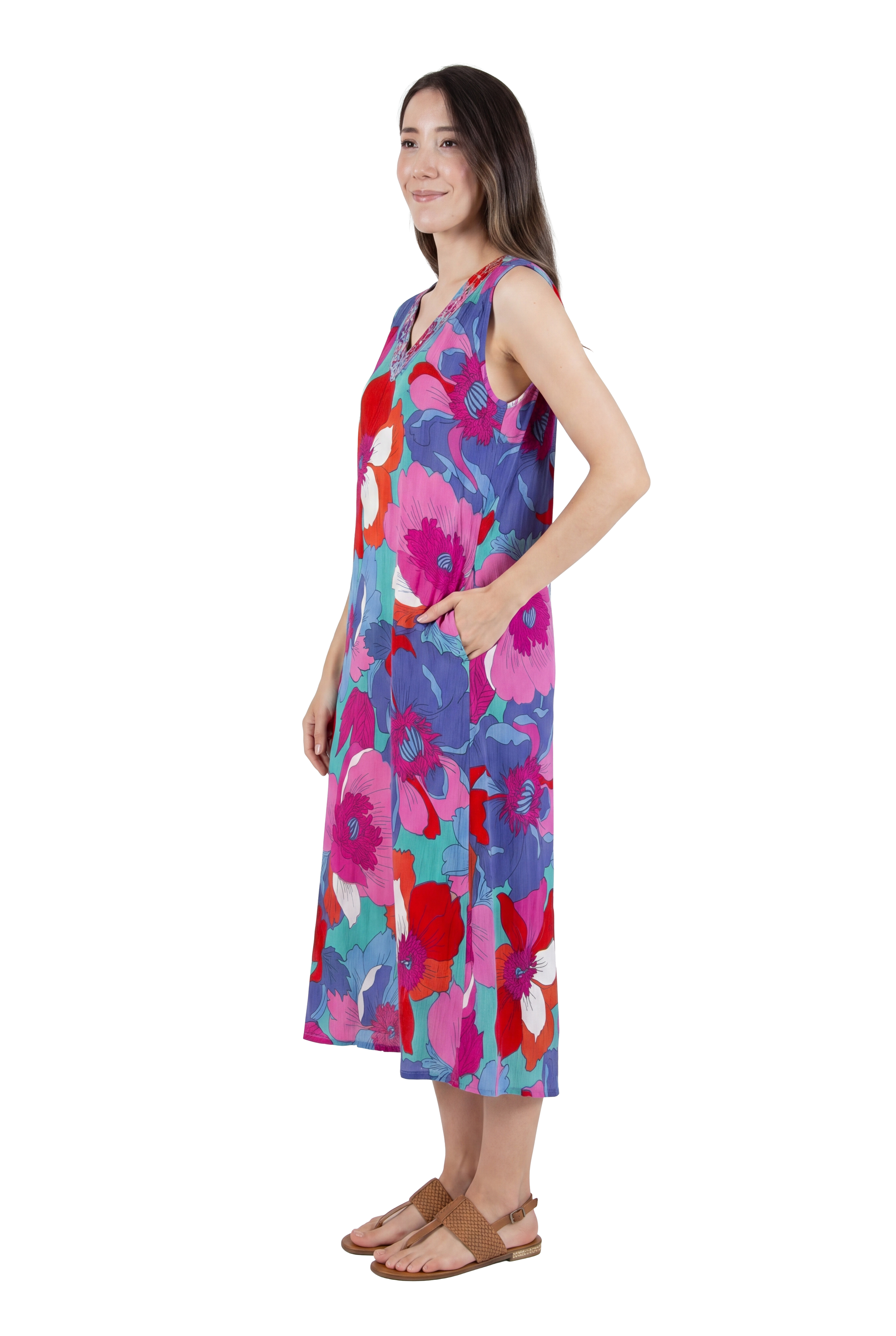 La Cera Sleeveless V-Neck Retro Floral Dress - La Cera