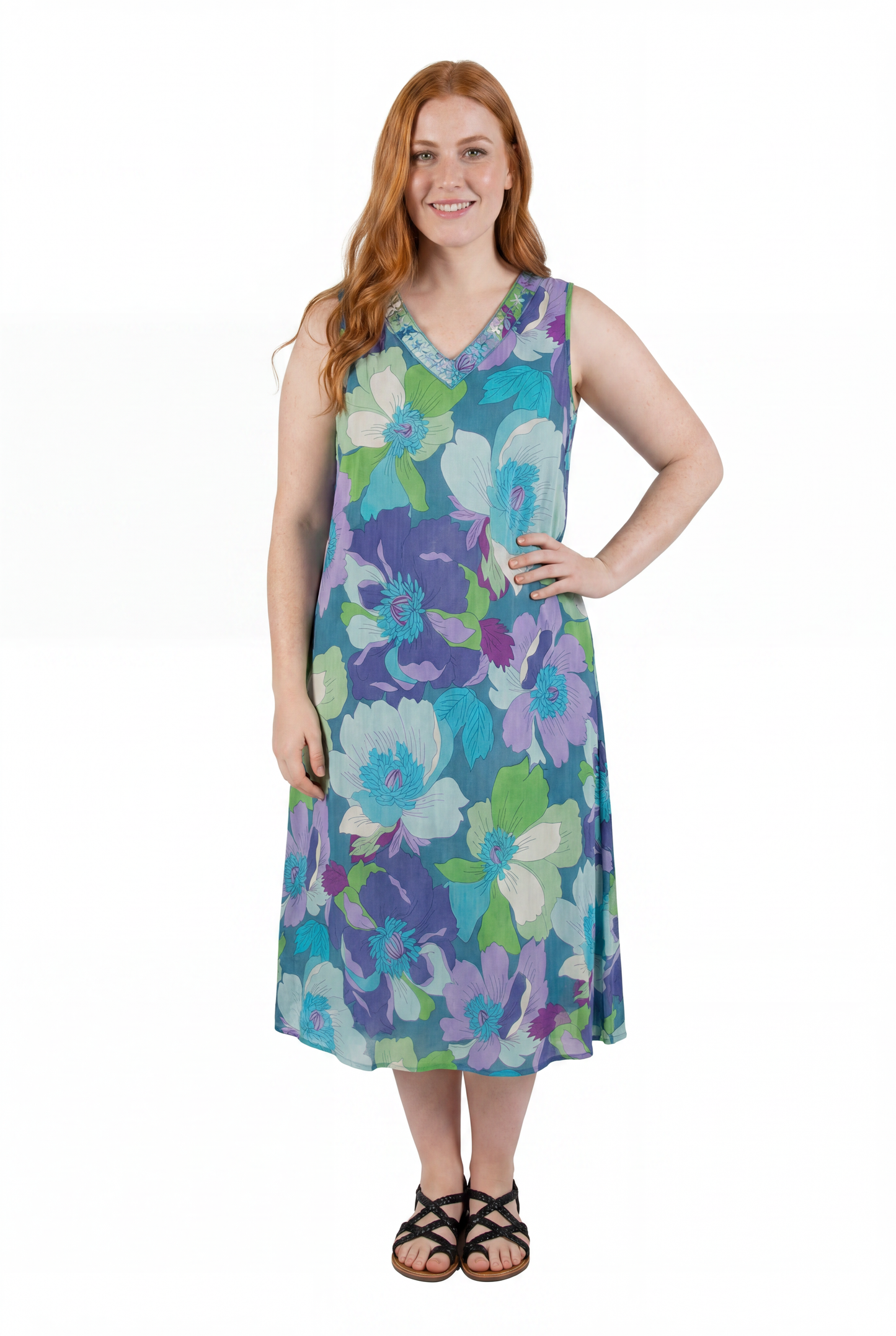 La Cera Sleeveless V-Neck Retro Floral Dress - La Cera