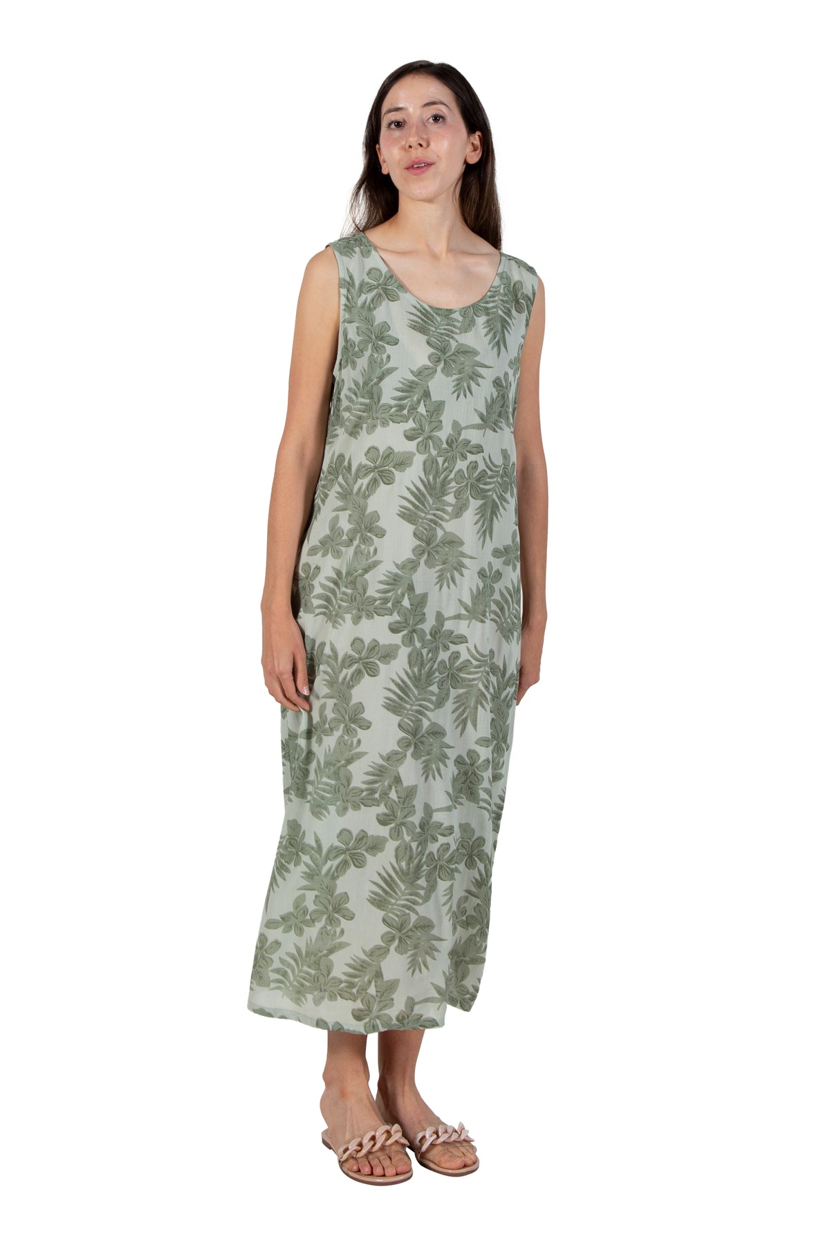 Vestido evasé con estampado floral a tono, sin mangas, de La Cera