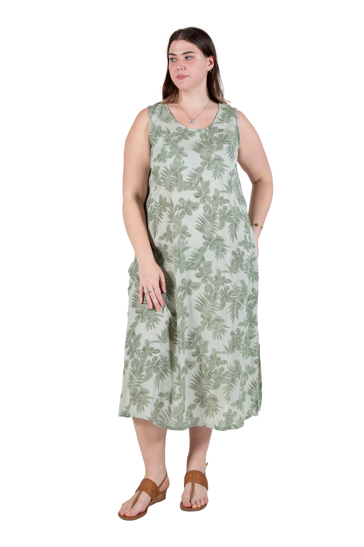 Vestido evasé con estampado floral a tono, sin mangas, de La Cera
