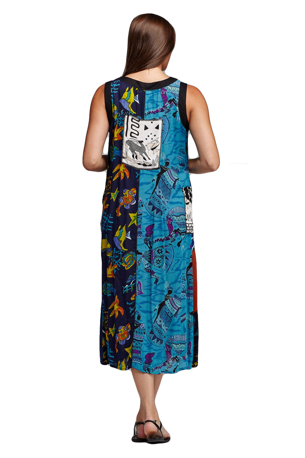 Novelty Button Patchwork Rayon Print Dress - La Cera