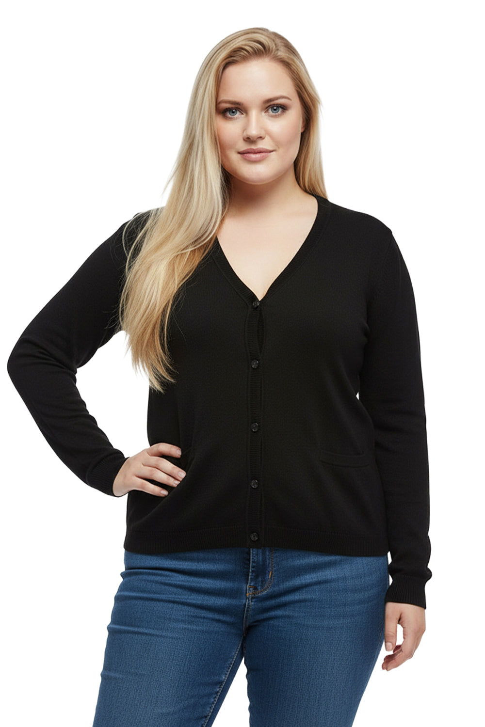 La Cera Long Sleeve Cardigan with Pockets - Plus Size - La Cera
