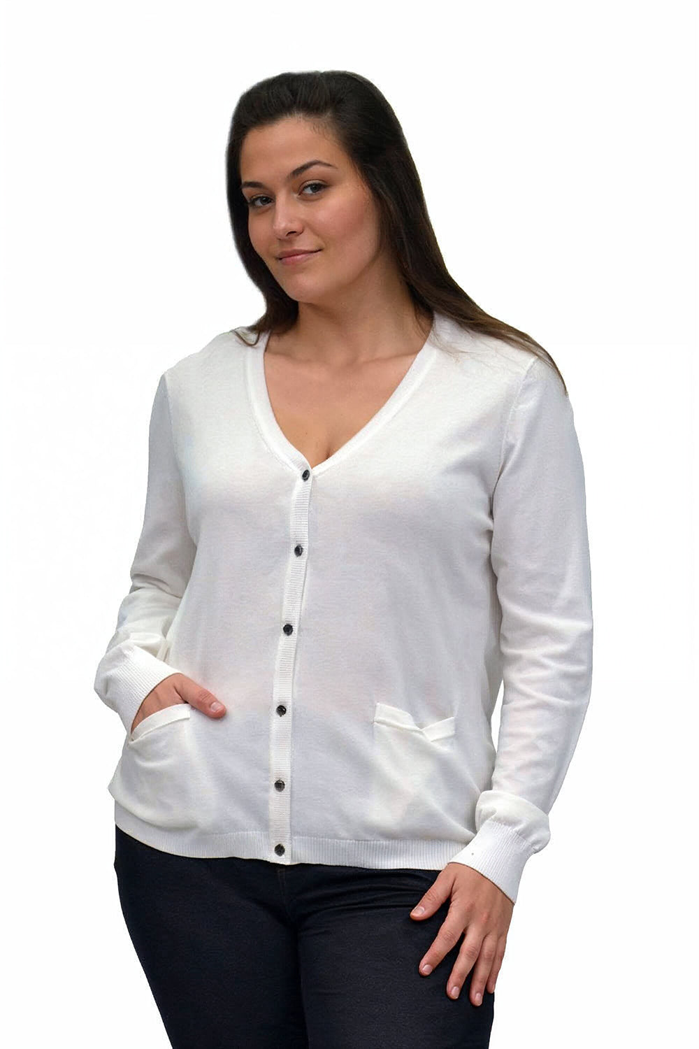 La Cera Long Sleeve Cardigan with Pockets - Plus Size - La Cera