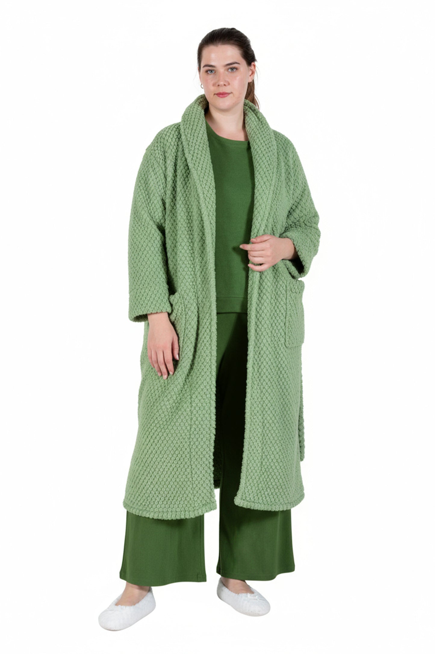 La Cera Plus Size Honeycomb Textured Fleece Wrap Robe - La Cera