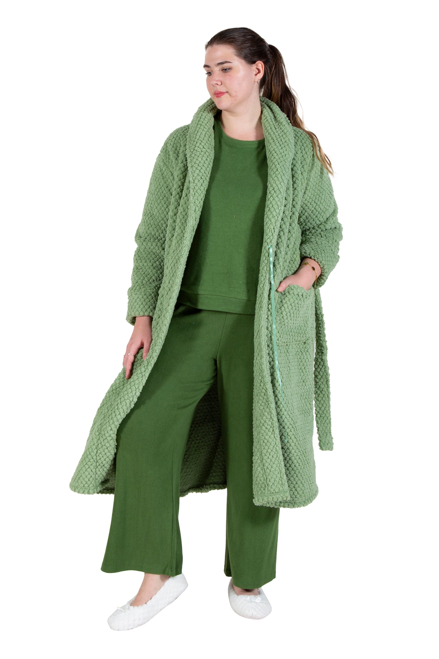 La Cera Plus Size Honeycomb Textured Fleece Wrap Robe - La Cera