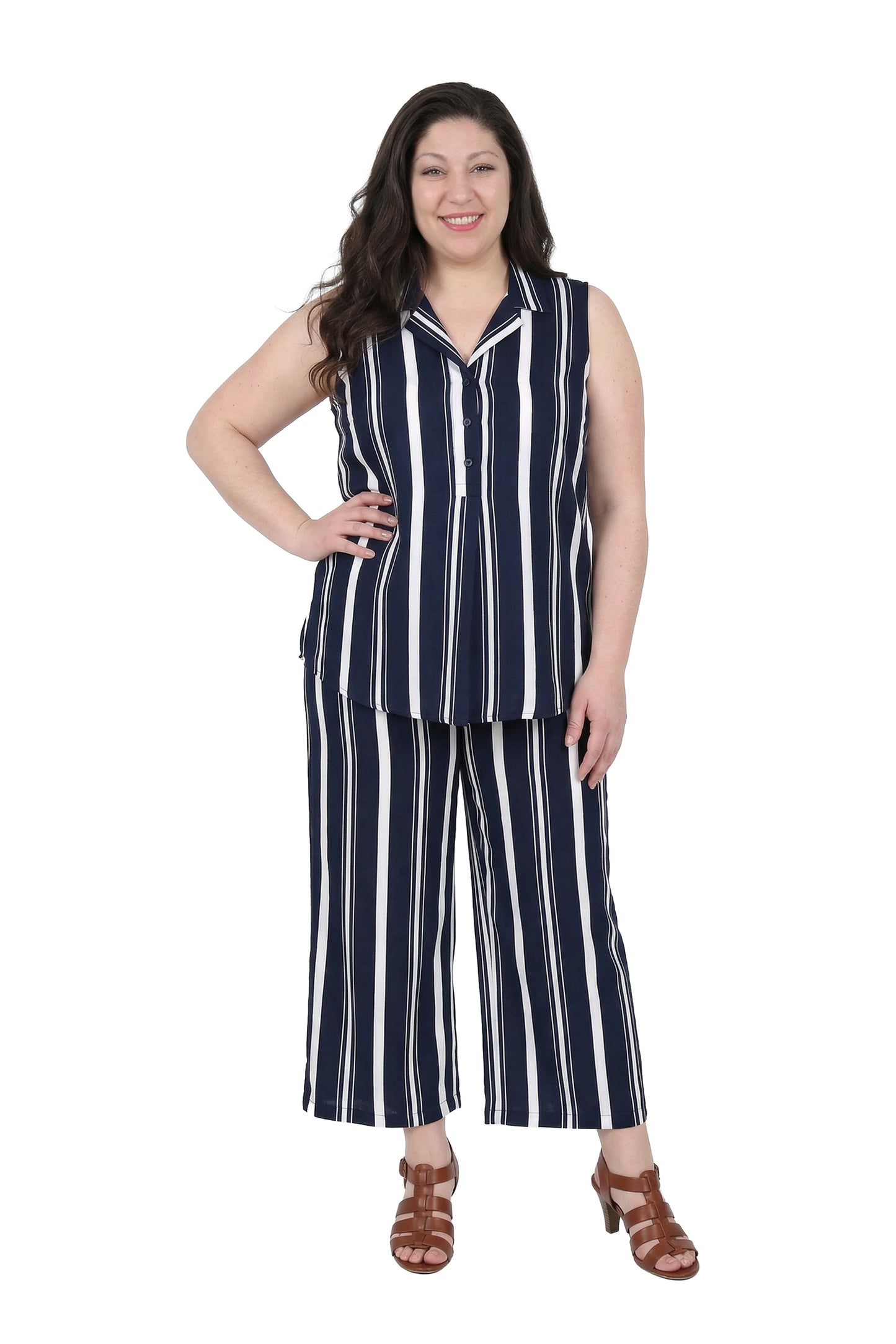 Navy and White Plus Size Sleeveless Set - La Cera