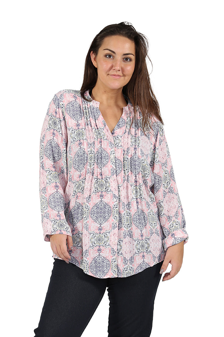 La Cera Plus Size Pleat Front Printed Rayon Top
