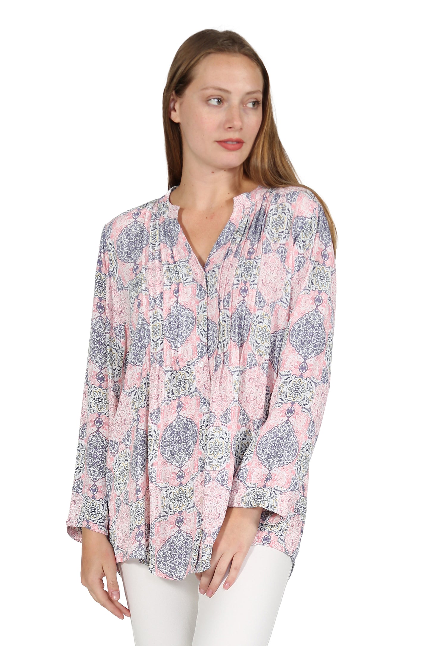 Pleat Front Printed Rayon Top - La Cera