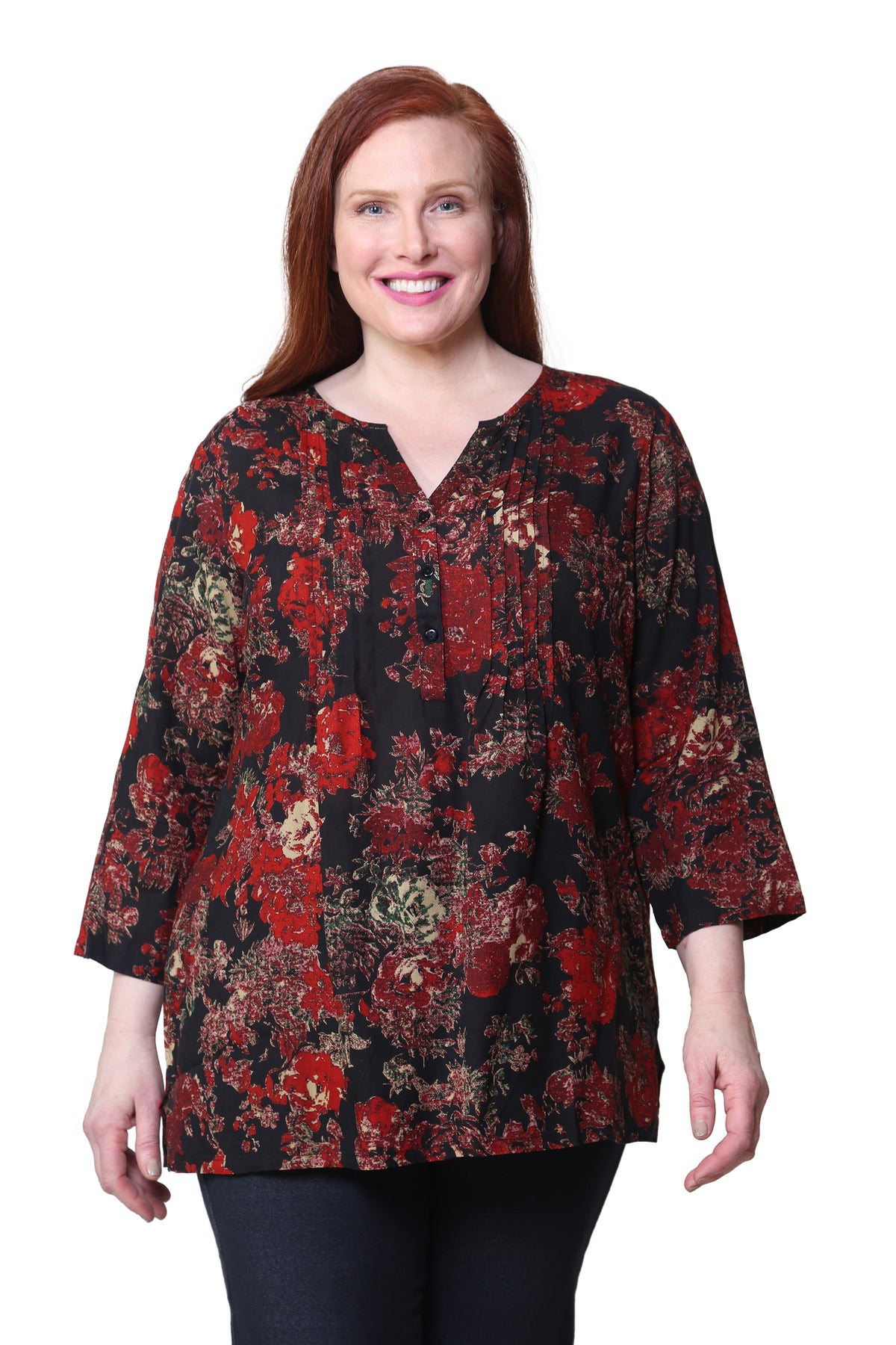 La Cera ¾ Sleeve Pleated Front Button Rayon Print Tunic