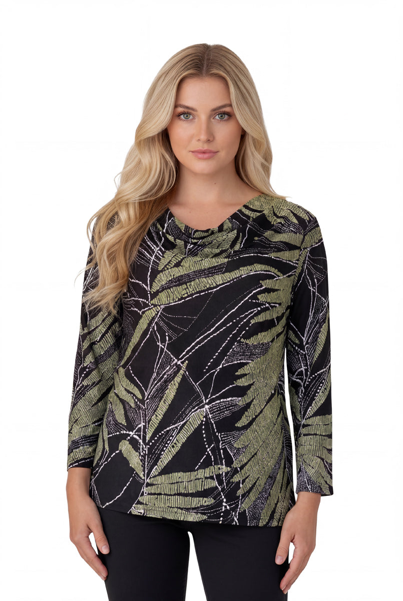 La Cera Savannah Palm Print Cowl Neck Top - La Cera