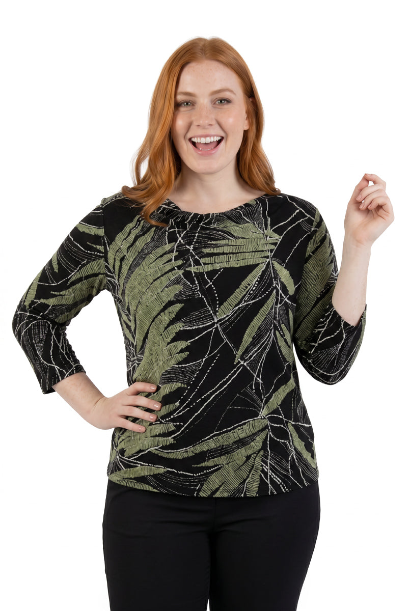 Plus Size La Cera Savannah Palm Print Cowl Neck Top - La Cera