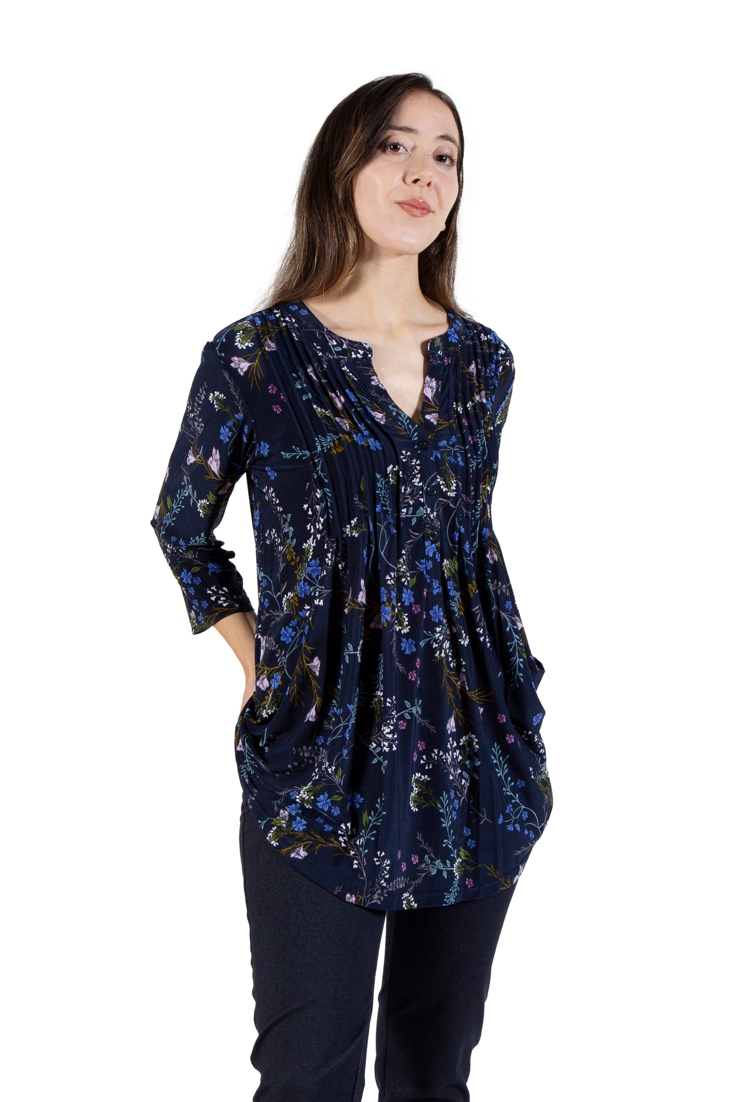 La Cera Pleated Floral Print Tunic