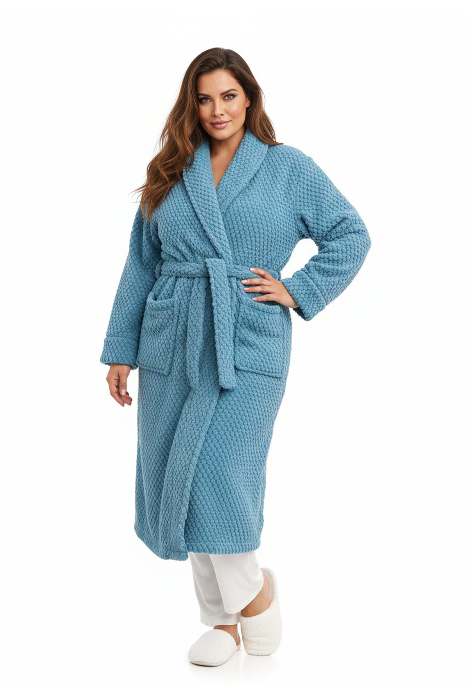 La Cera Plus Size Honeycomb Textured Fleece Wrap Robe - La Cera