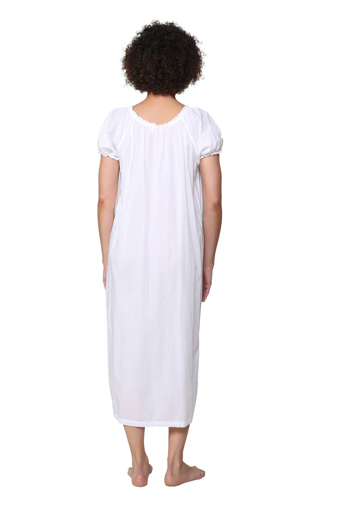 La Cera Embroidered Gathered Short Sleeve Gown - La Cera